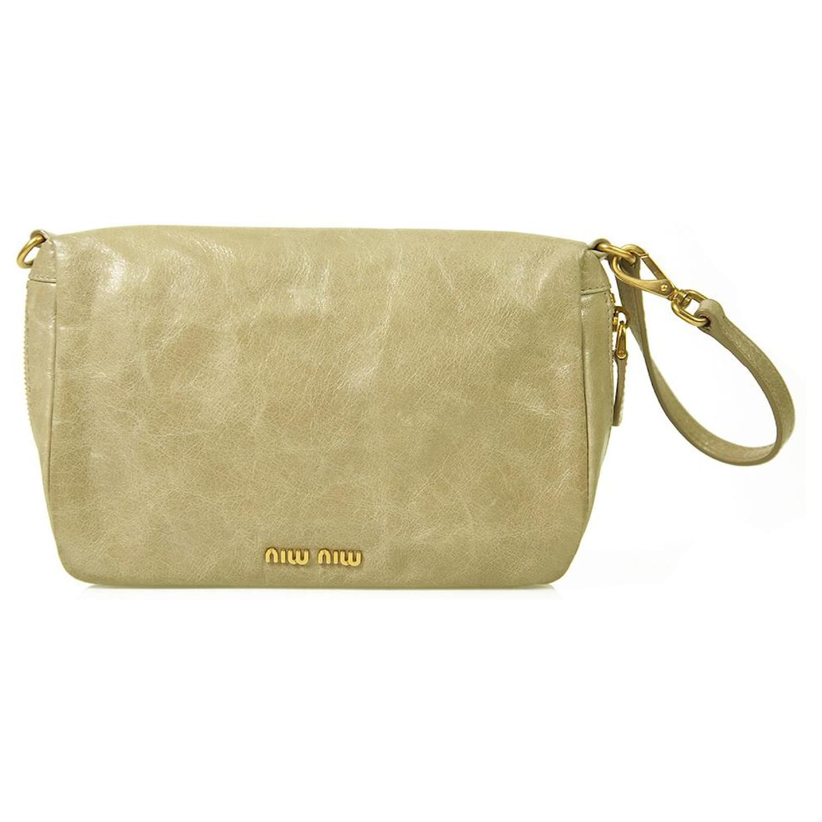 Miu Miu taupe distressed leather mini bag clutch wristlet with