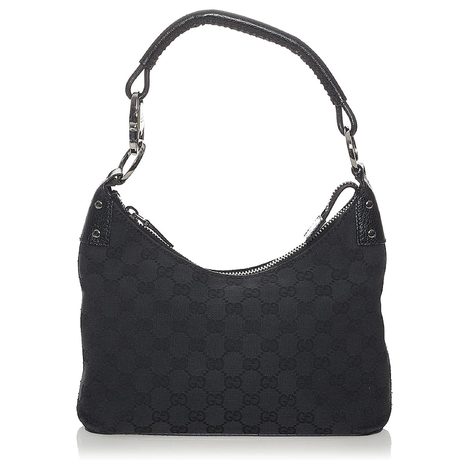 Gucci Black GG Canvas Shoulder Bag Leather Cloth Ponystyle calfskin