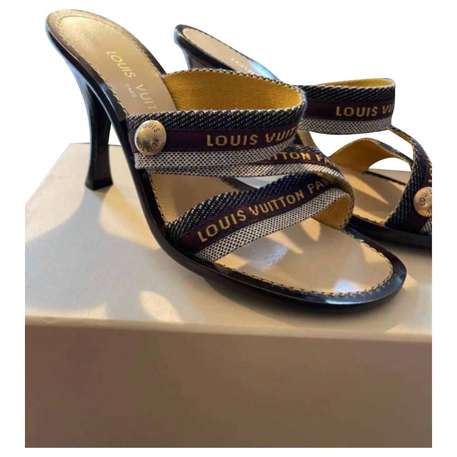 Louis Vuitton Heel Sandals Logo Name Brown Beige Yellow Cloth ref.455495 -  Joli Closet