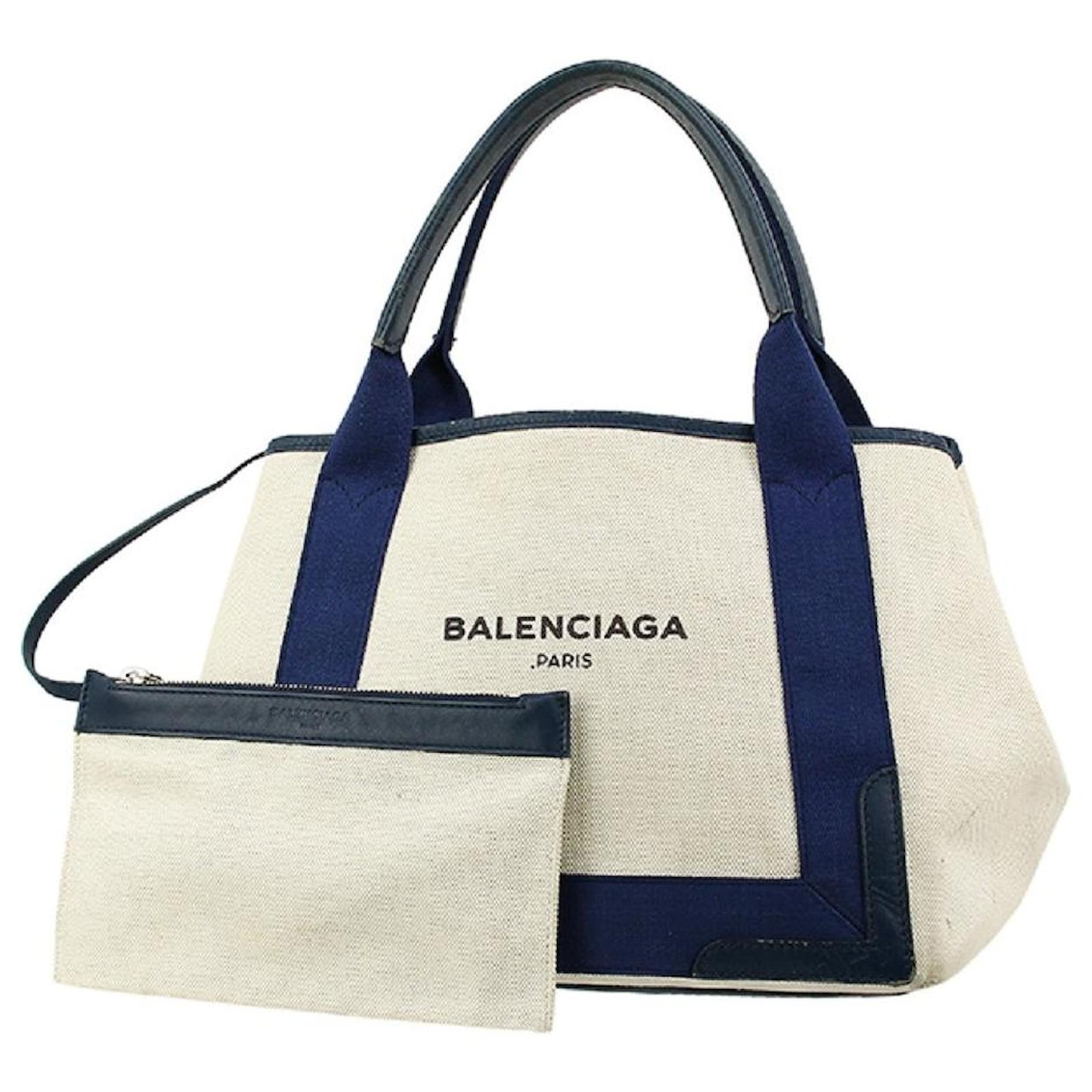 Used] Balenciaga Tote Bag Navy Kabas S Canvas Leather Natural Off