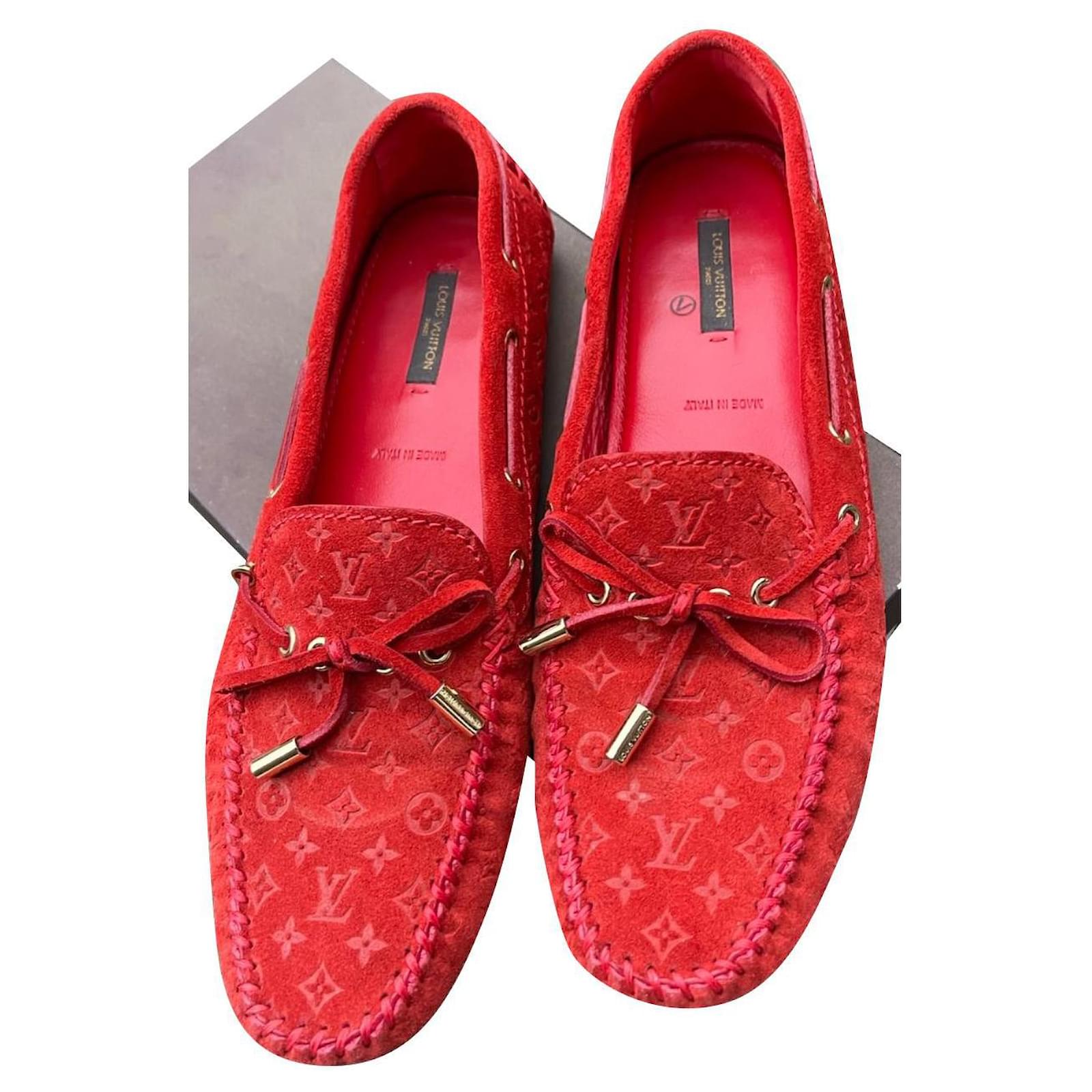 Louis Vuitton Red Monogram Embossed Suede Gloria Flat Loafers Size