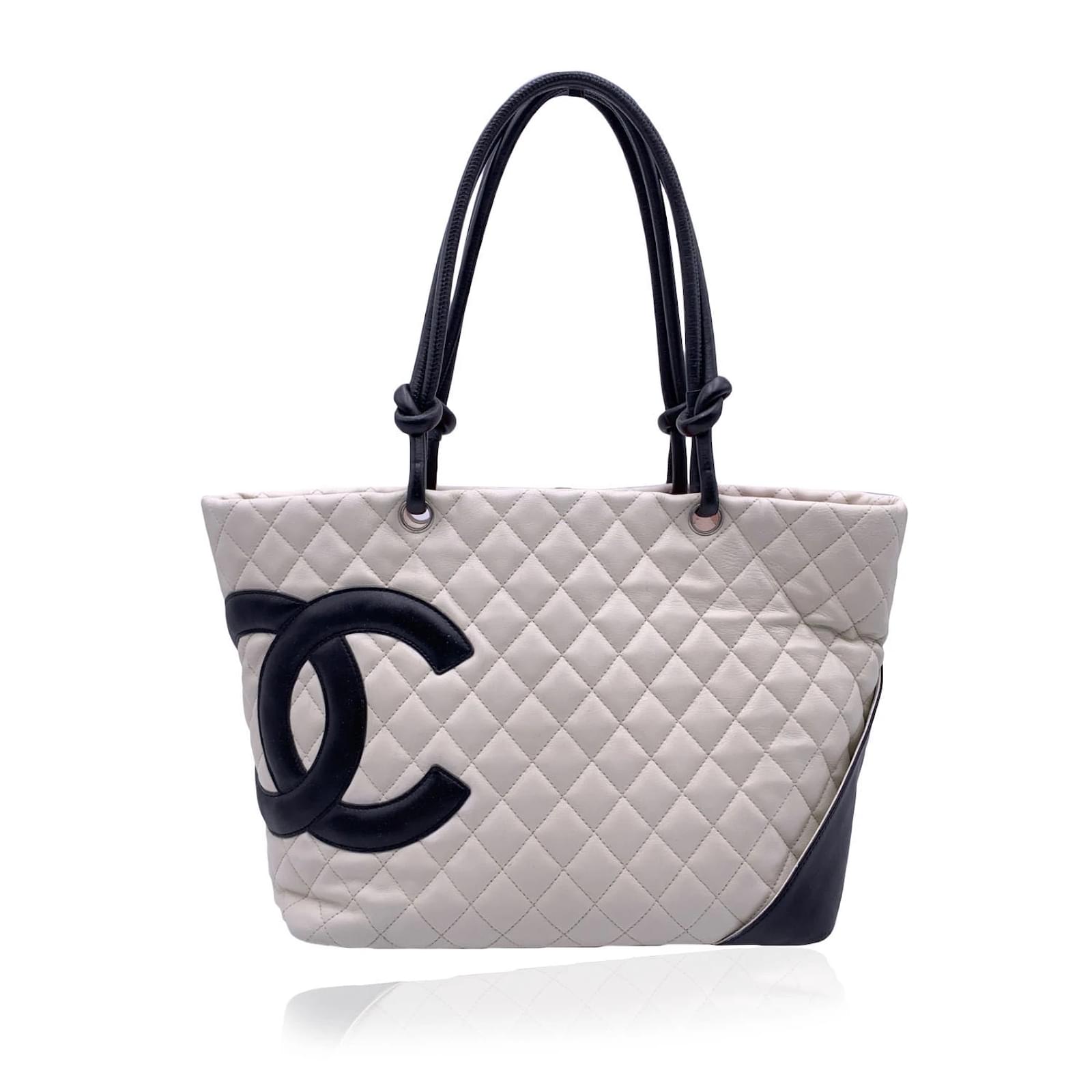 Chanel White and Black Quilted Leather Cambon Ligne Tote Bag Pink
