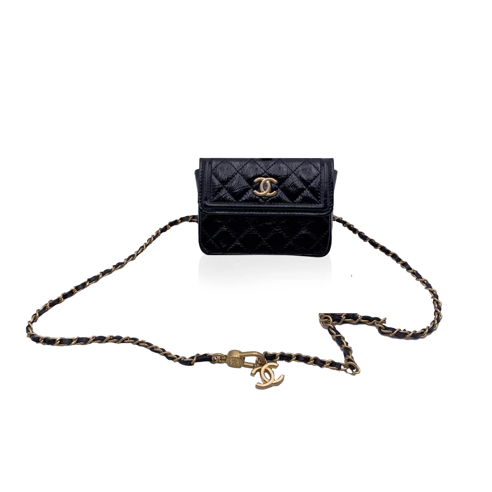 Chanel Black Patent Leather Micro Flap Chain Belt Bag or Necklace  ref.456427 - Joli Closet