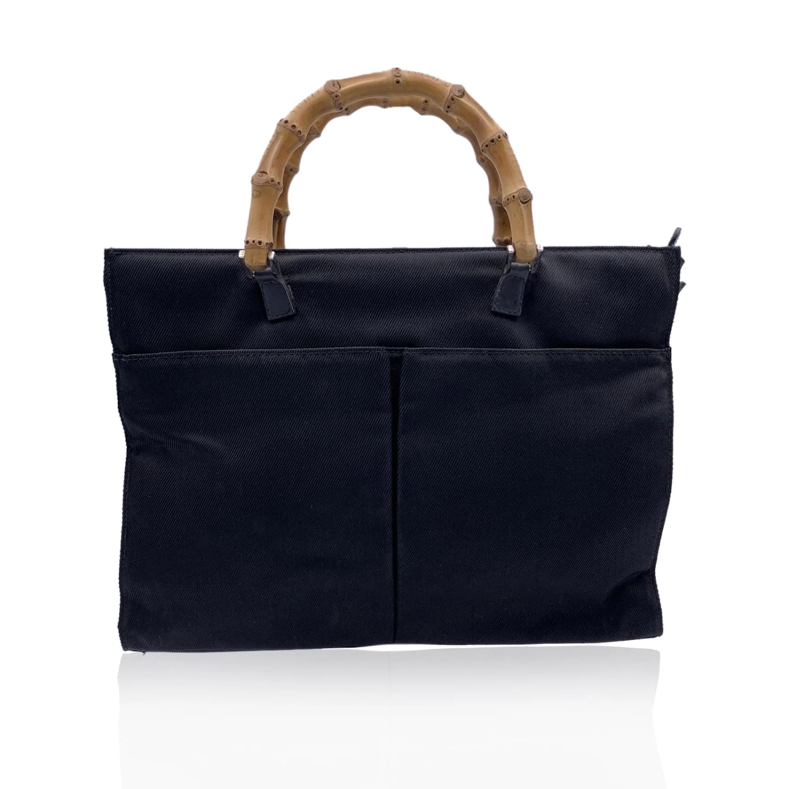 Gucci Bolso tote de bambú con bolsillos delanteros de lona negra vintage  Negro Lienzo ref.456535 - Joli Closet