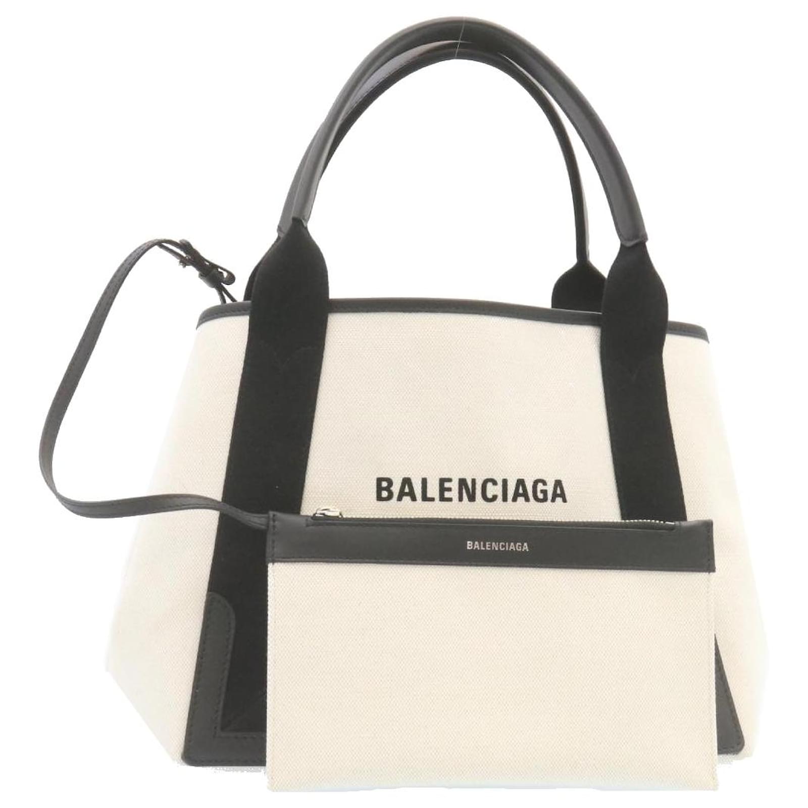 BALENCIAGA Cabas S Tote Bag Canvas White Black Auth 27967 Cloth