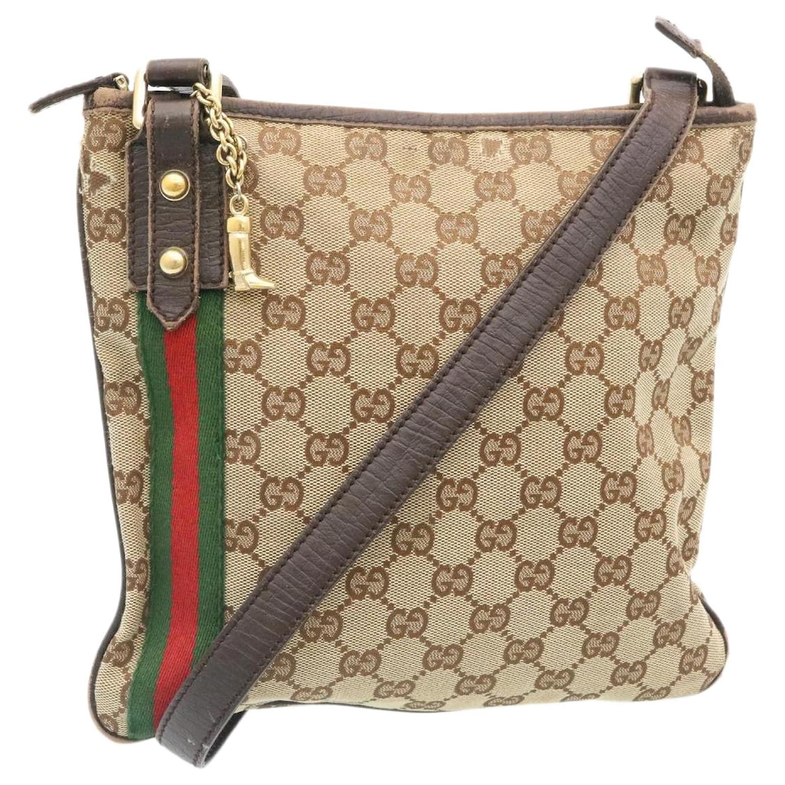 GUCCI Web Sherry Line GG Canvas Shoulder Bag Beige Red Green Auth ...