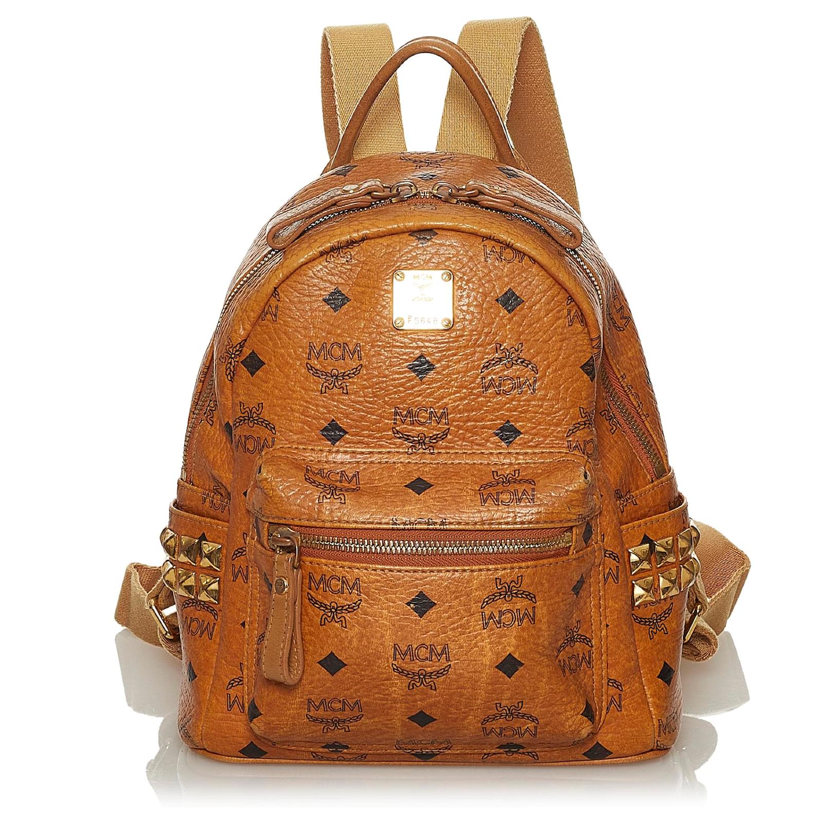 MCM Cognac Brown Visetos Stark Leather Backpack