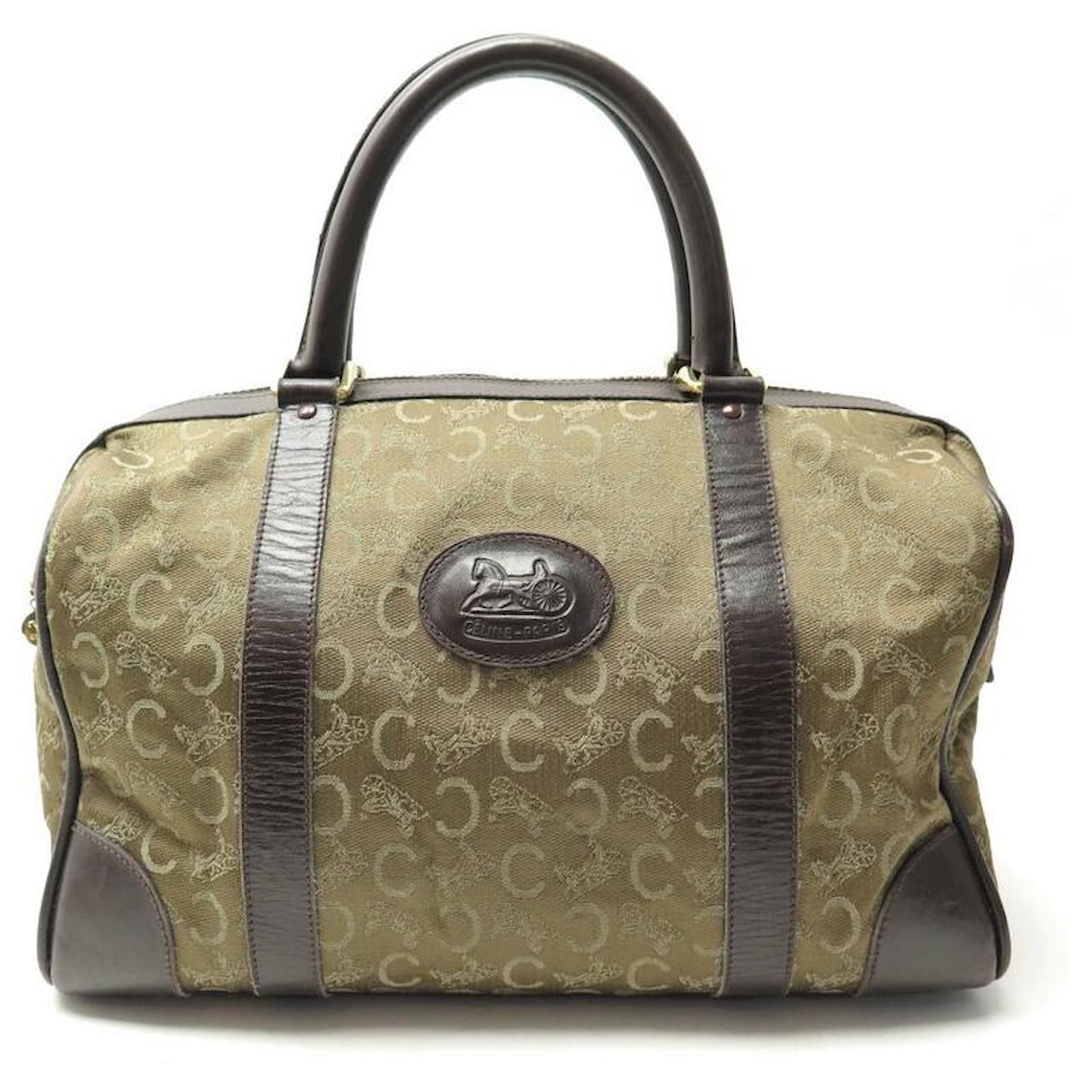 Céline VINTAGE CELINE BOSTON BOWLING HANDBAG IN CANVAS & BROWN LEATHER