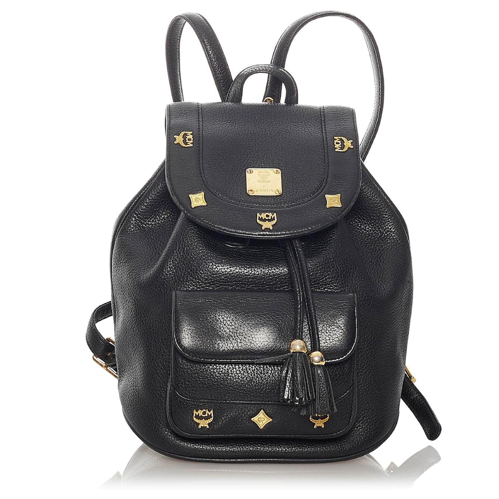 MCM Black Leather Drawstring Backpack Ponystyle calfskin ref.464885