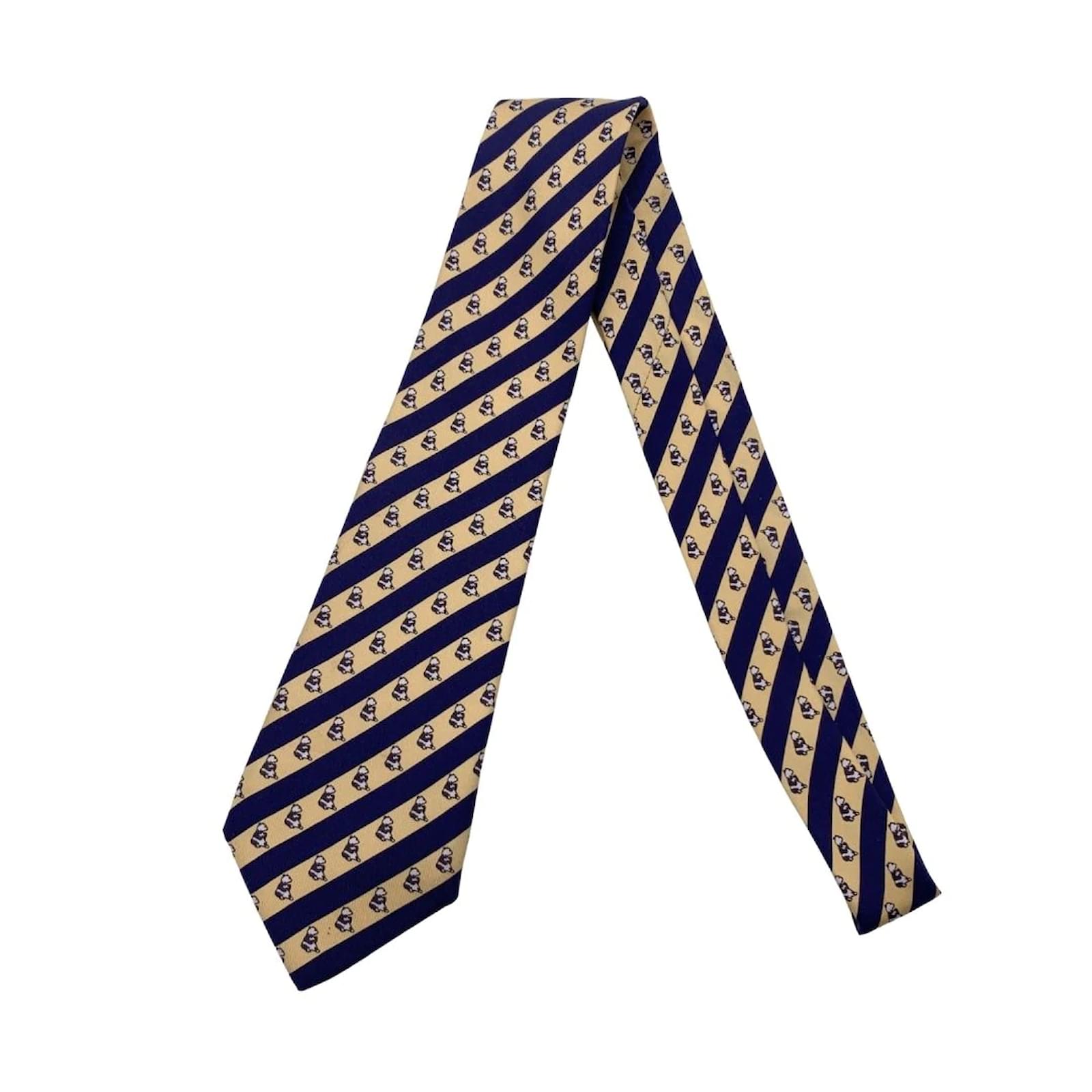 Hermès Hermes Paris Silk Blue Yellow Panda Stripes Print Neck Tie