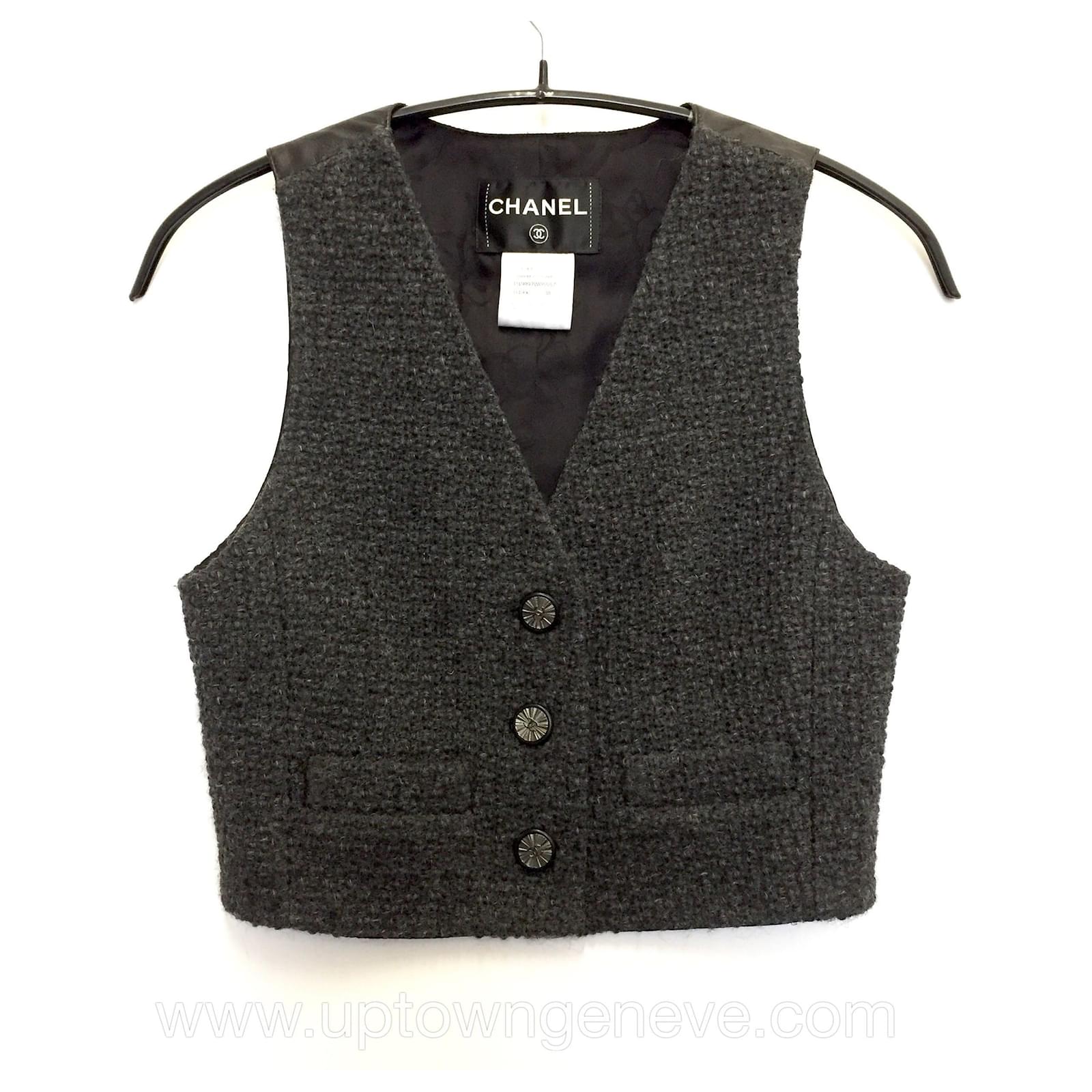 Chanel vest in grey wool & black leather ref.474357 - Joli Closet
