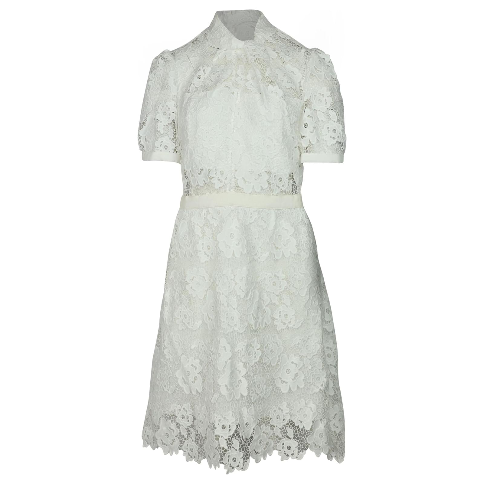 Self portrait Self-Portrait Grosgrain-trimmed Guipure Lace Midi Dress in White Polyester (Sold) - Joli Closet Self portrait Self-Portrait Grosgrain-trimmed Guipure Lace Midi Dress in White Polyester (Sold) - Joli Closet