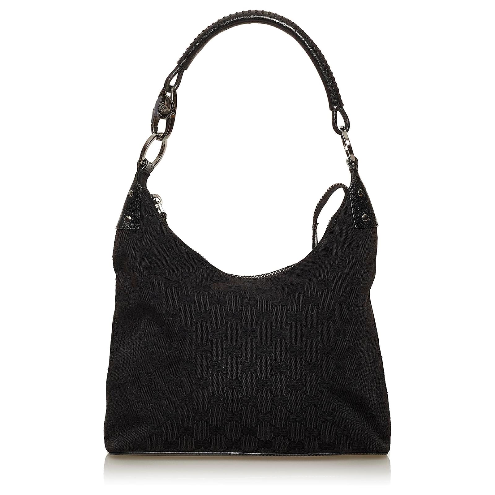 Gucci Black GG Canvas Shoulder Bag Leather Cloth Ponystyle calfskin