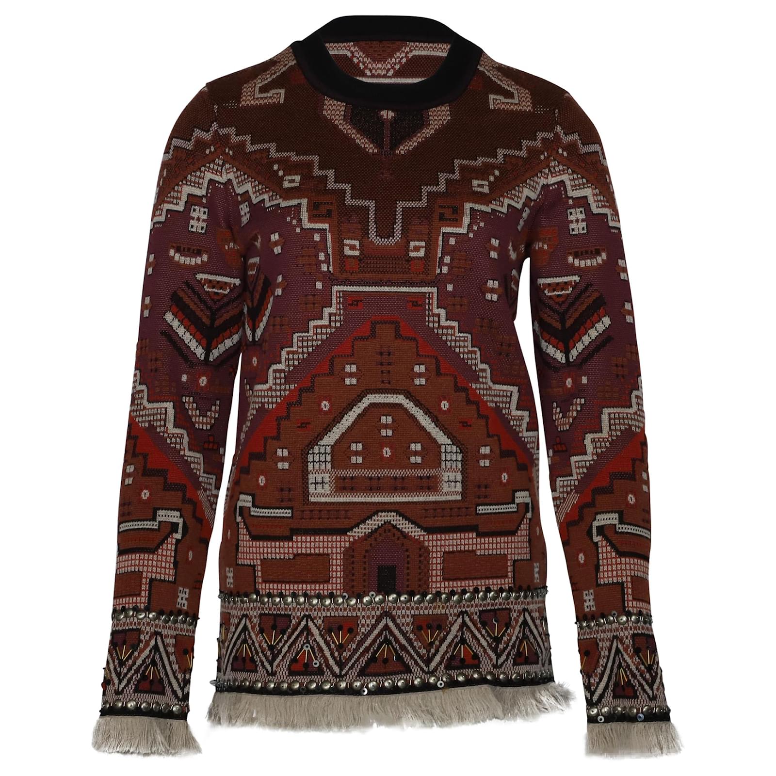 Tory Burch Tapestry Jacquard Sweater in Brown Print Wool  - Joli  Closet