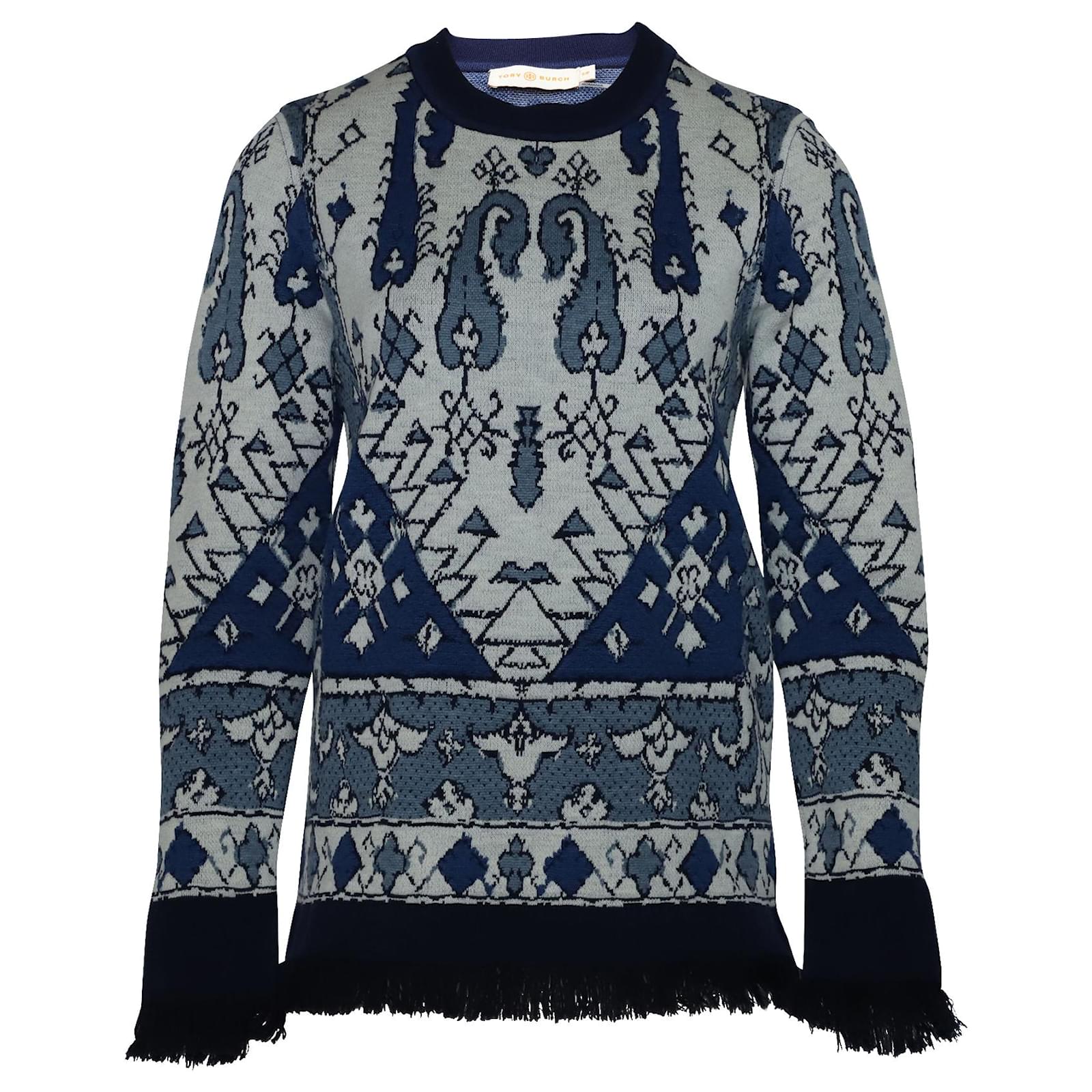 Tory Burch Tapestry Jacquard Sweater in Blue Print Wool  - Joli  Closet