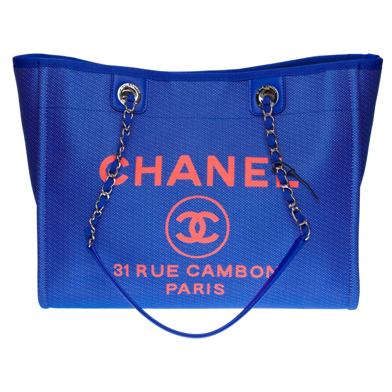 Superb Chanel Deauville tote bag in electric blue and Fluo orange