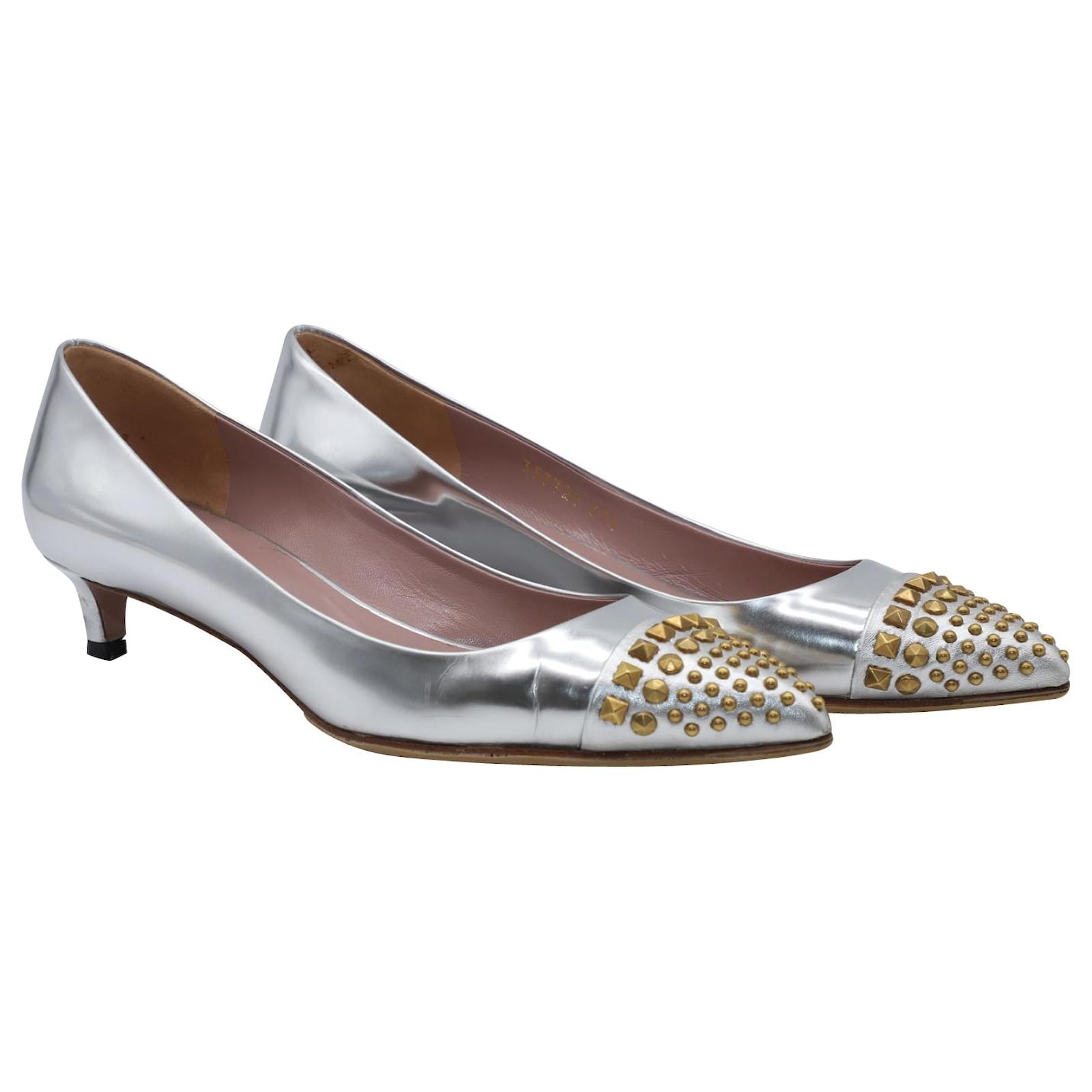 Gucci Coline Stud Heels in Silver Nappa Calf Leather Silvery Metallic