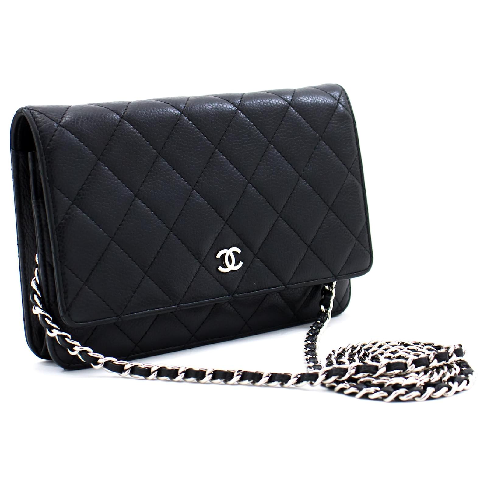 Chanel Black Lambskin Leather Camellia Embossed WOC (wallet-on-chain)  Clutch Bag