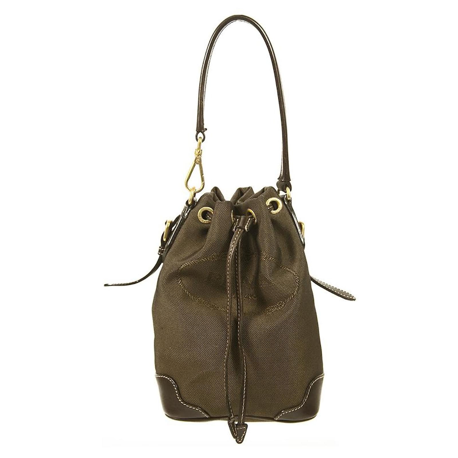 Prada brown fabric & leather drawstring top single handle pouch