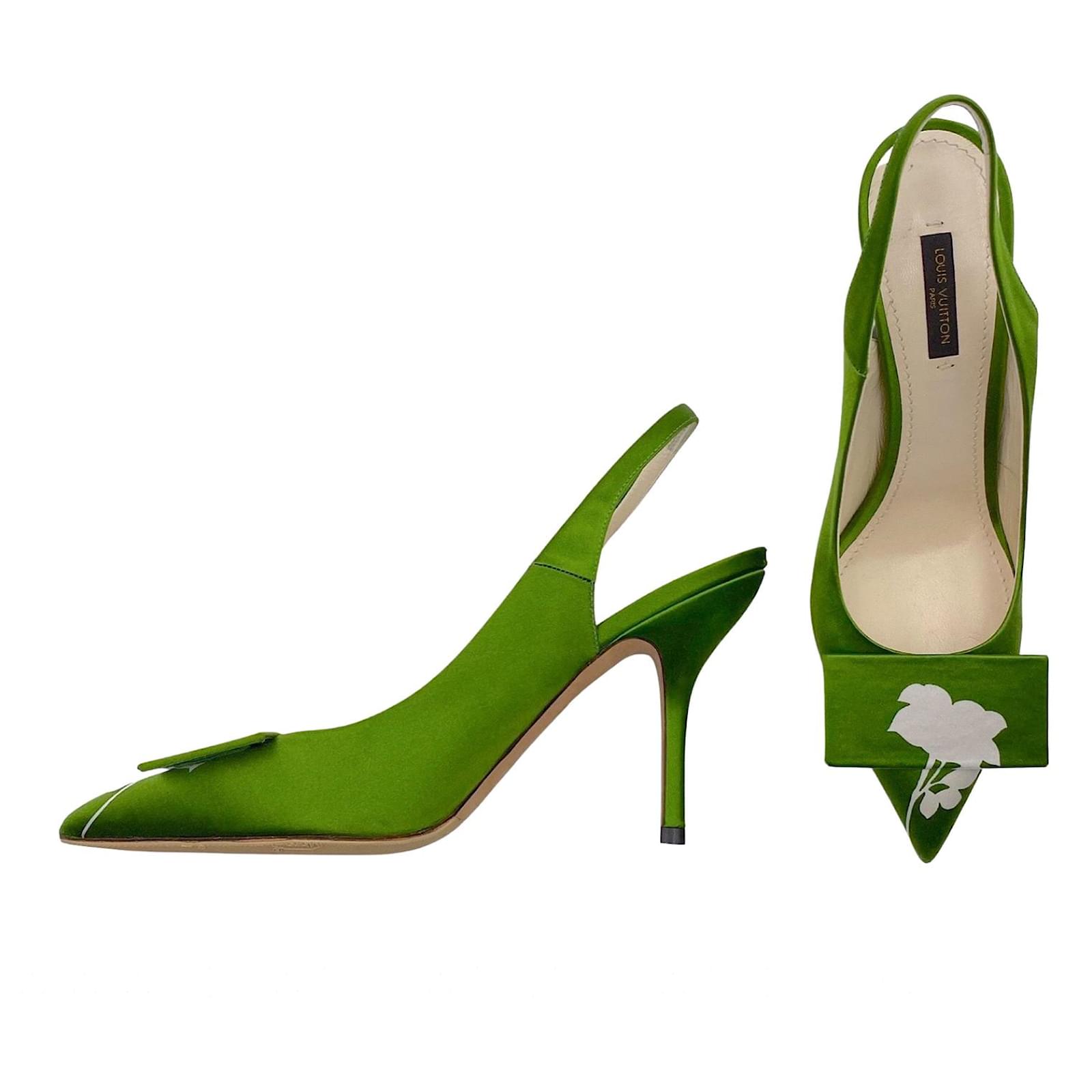 Louis Vuitton slingback pumps in green satin with white flower toe