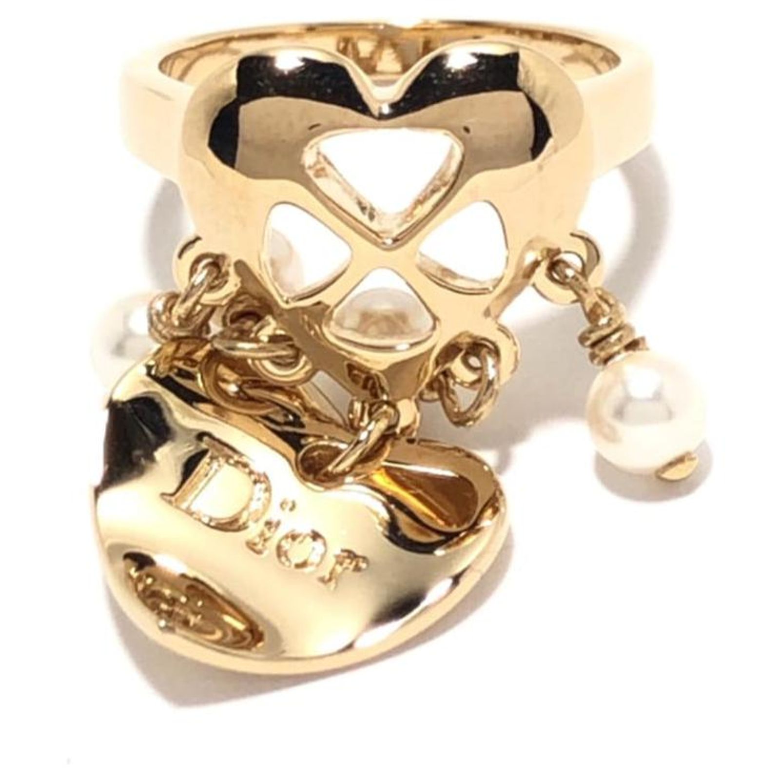 Bague Ancienne Vintage En Métal Doré Avec Fausses Perles - Bijou Occasion