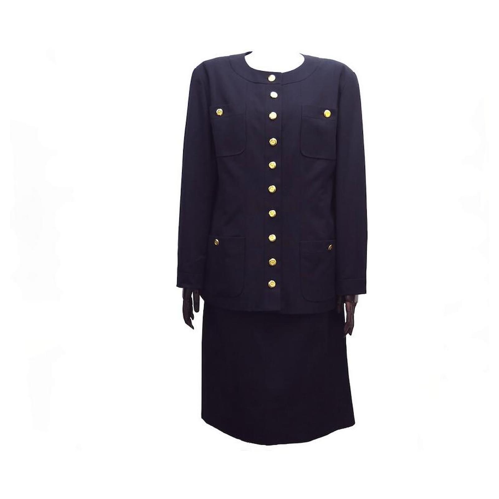 NEW CHANEL SUIT JACKET AND SKIRT LOGO CC T44 L WOOL NAVY SUIT Navy blue ...