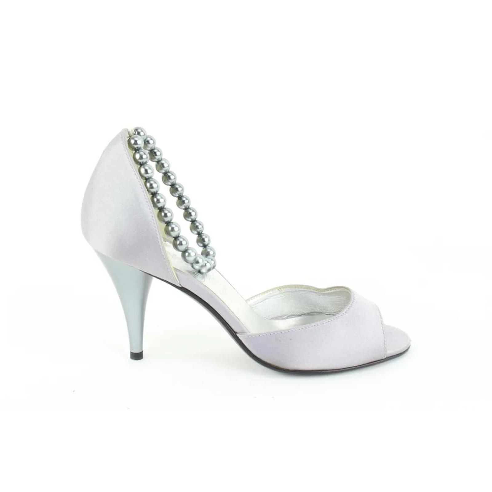 Chanel Size 36.5 Grey Satin Peep Toe Pearl Ankle Strap Pumps Size  ref.481738 - Joli Closet