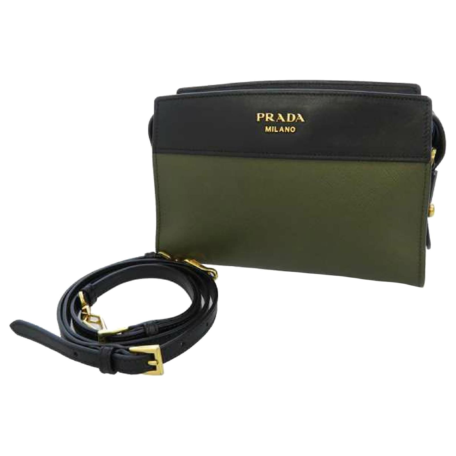 Prada Brown Saffiano Leather Esplanade Crossbody Bag Black Khaki Pony-style  calfskin  - Joli Closet