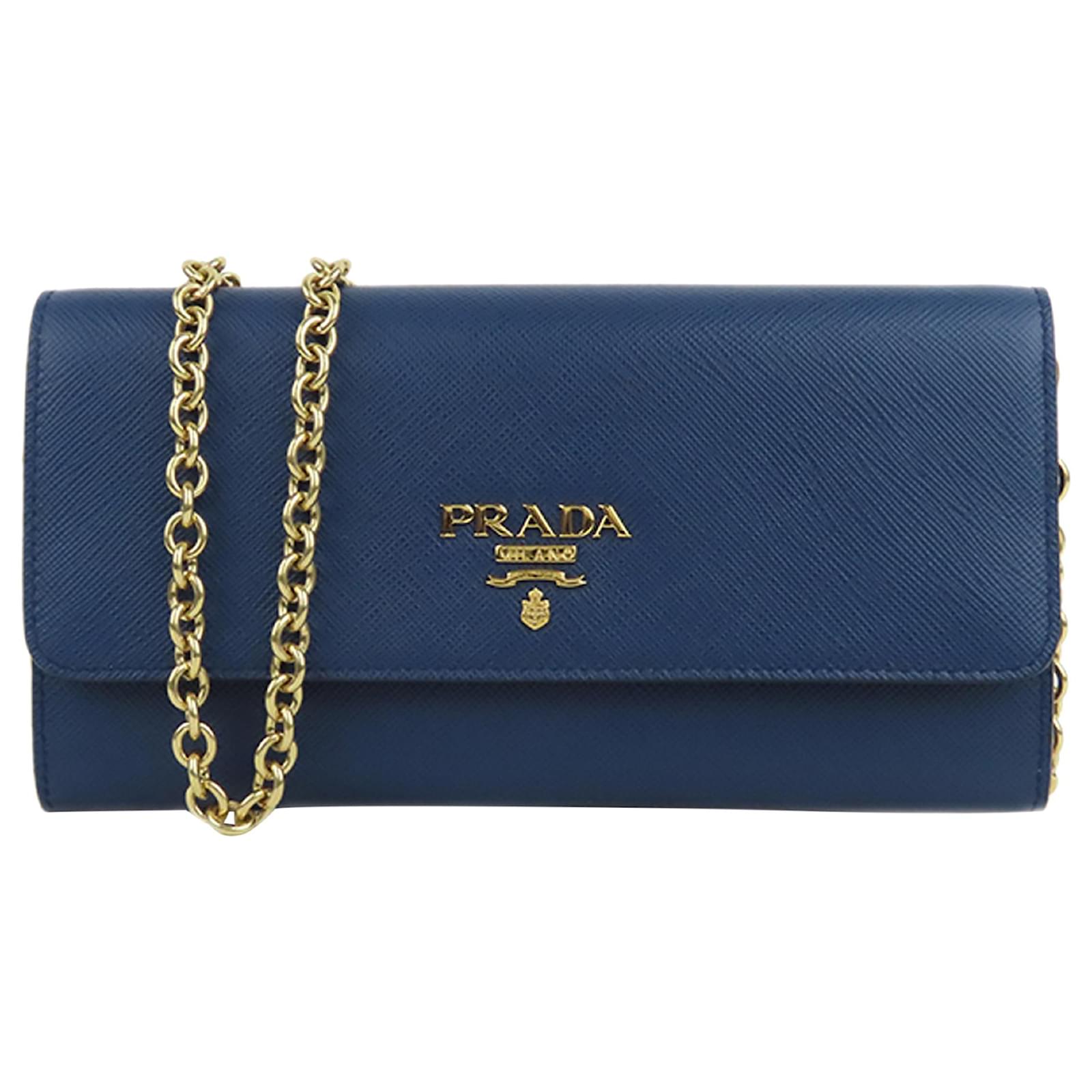 Prada Blue Saffiano Leather Wallet on Chain Pony-style calfskin