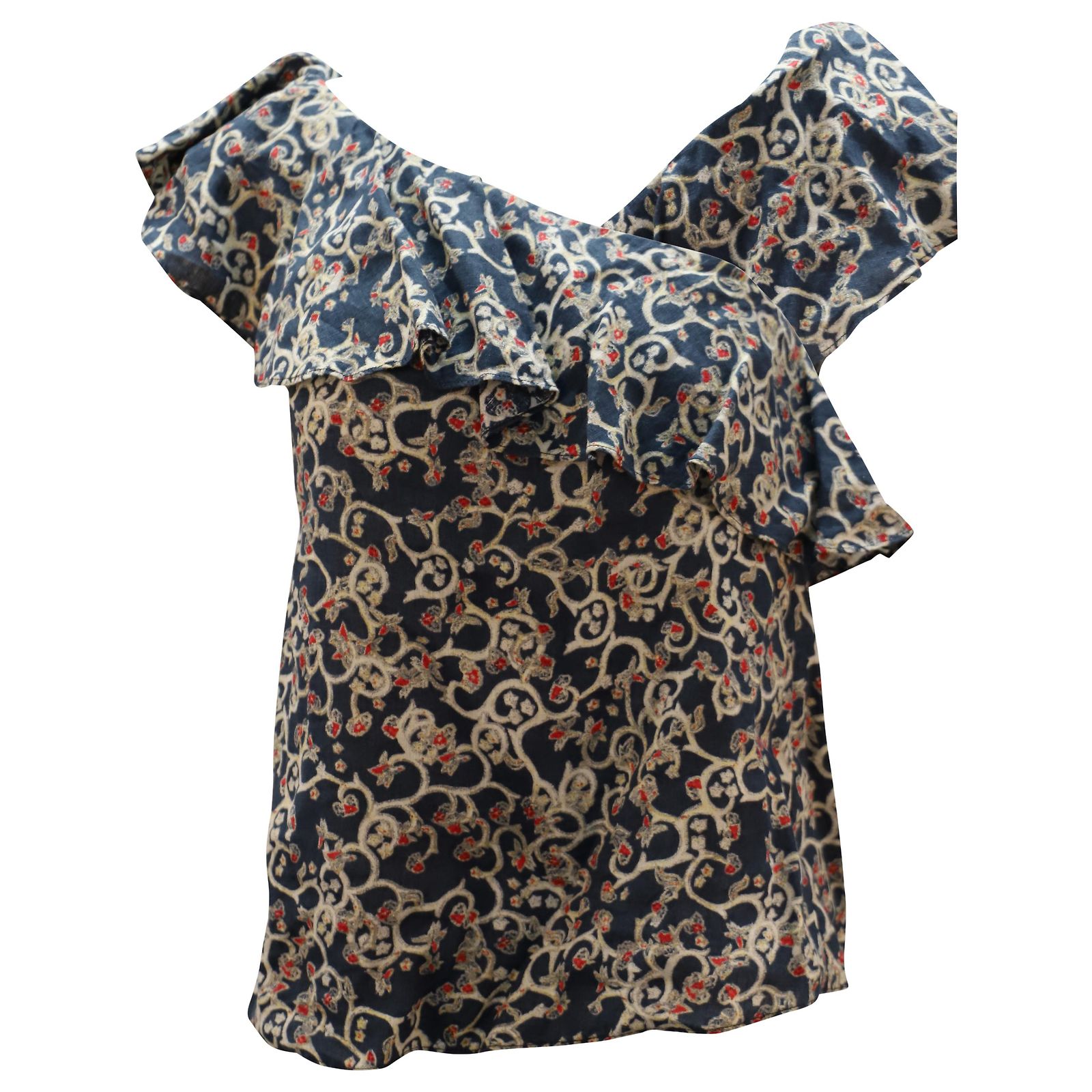 Isabel Marant Thom One-Shoulder Printed Blouse in Multicolor Linen 
