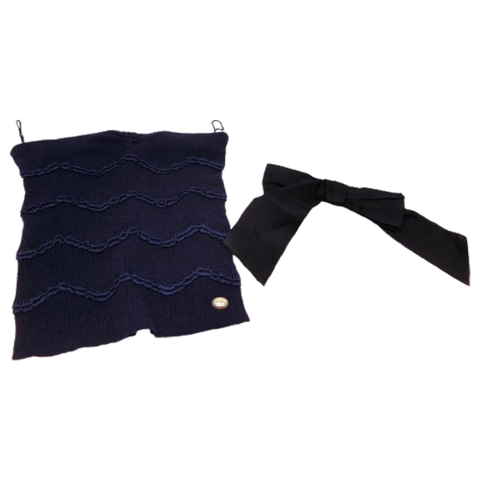 Used] CHANEL Coco Mark Tops with ribbon Dark blue Cotton Nylon ref