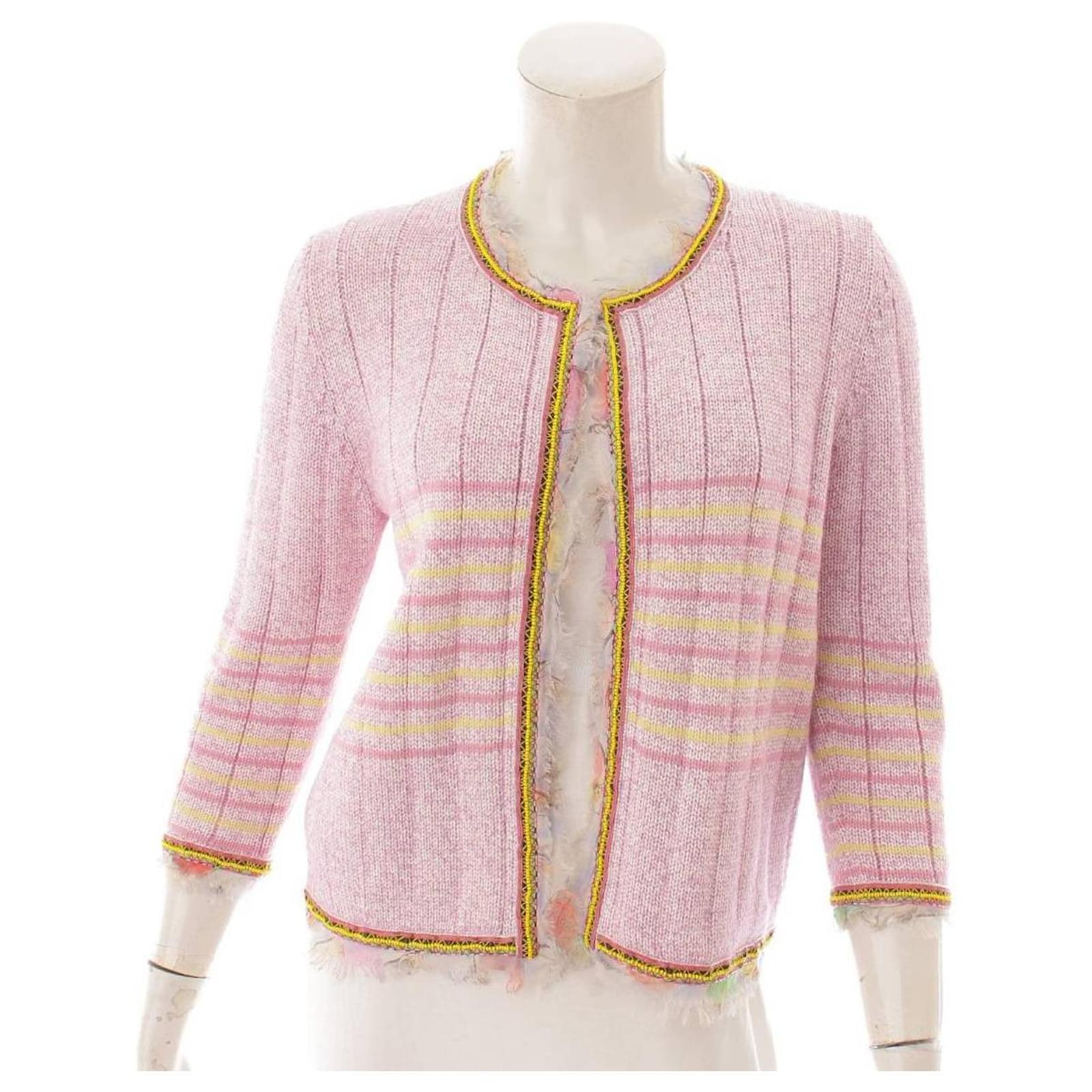 [Used] Chanel Cashmere Blend Beads Border Knit Cardigan Pink