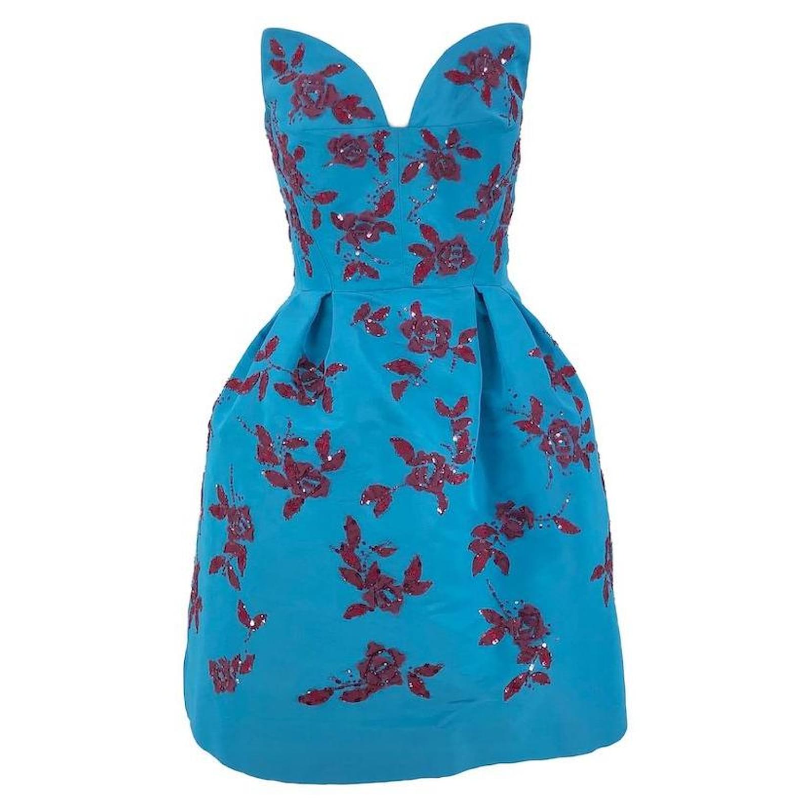 oscar de la renta blue dress with flowers Floral Toile Dress
