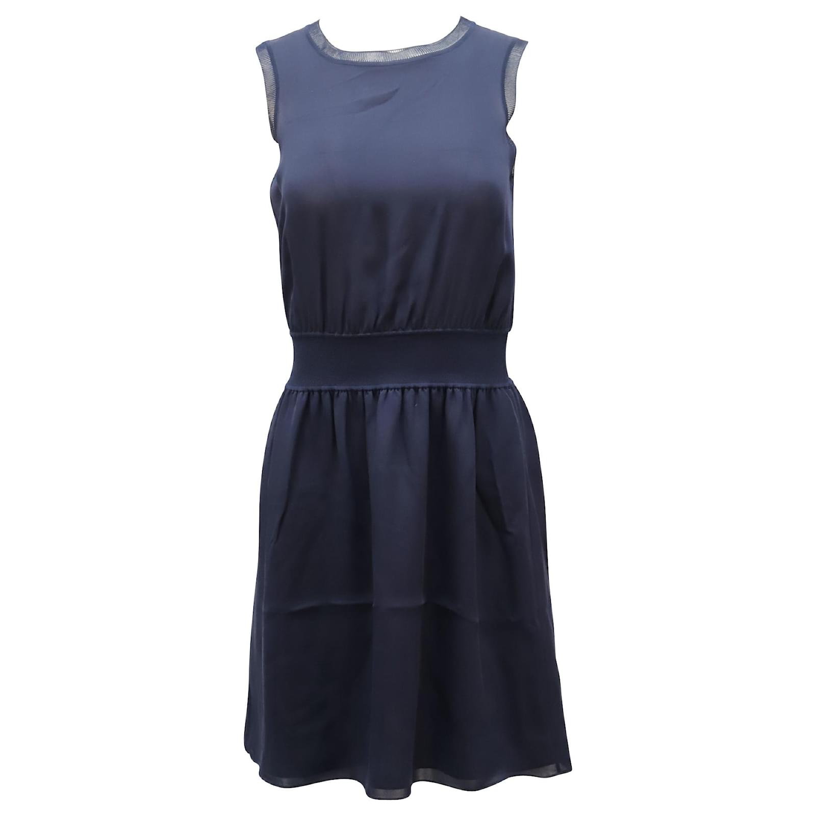 Theory Rib Trim Dress in Navy Blue Silk 