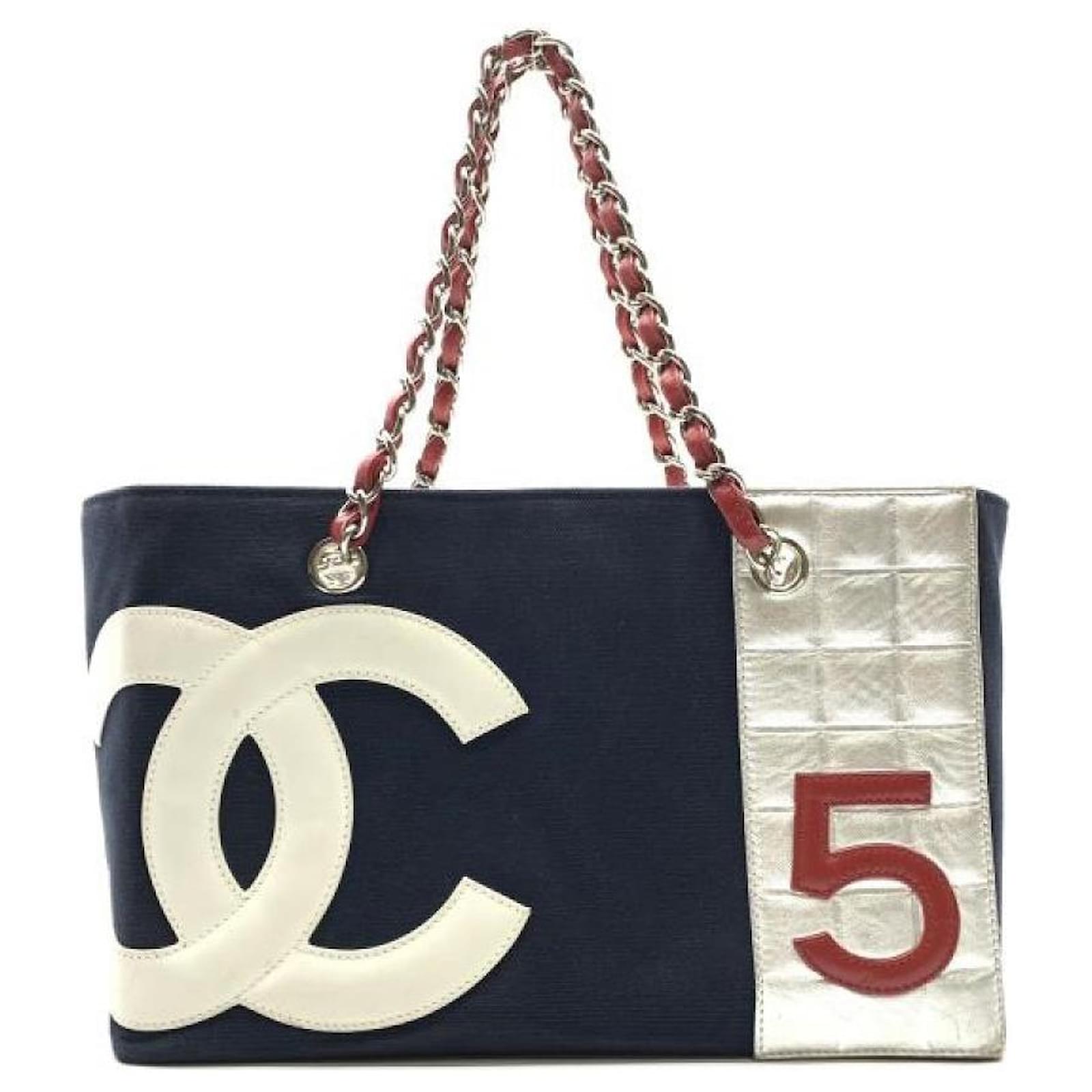 Used] CHANEL Chanel No5 Chain tote bag Shoulder bag Canvas Navy Silver  Silvery Navy blue ref.489828 - Joli Closet