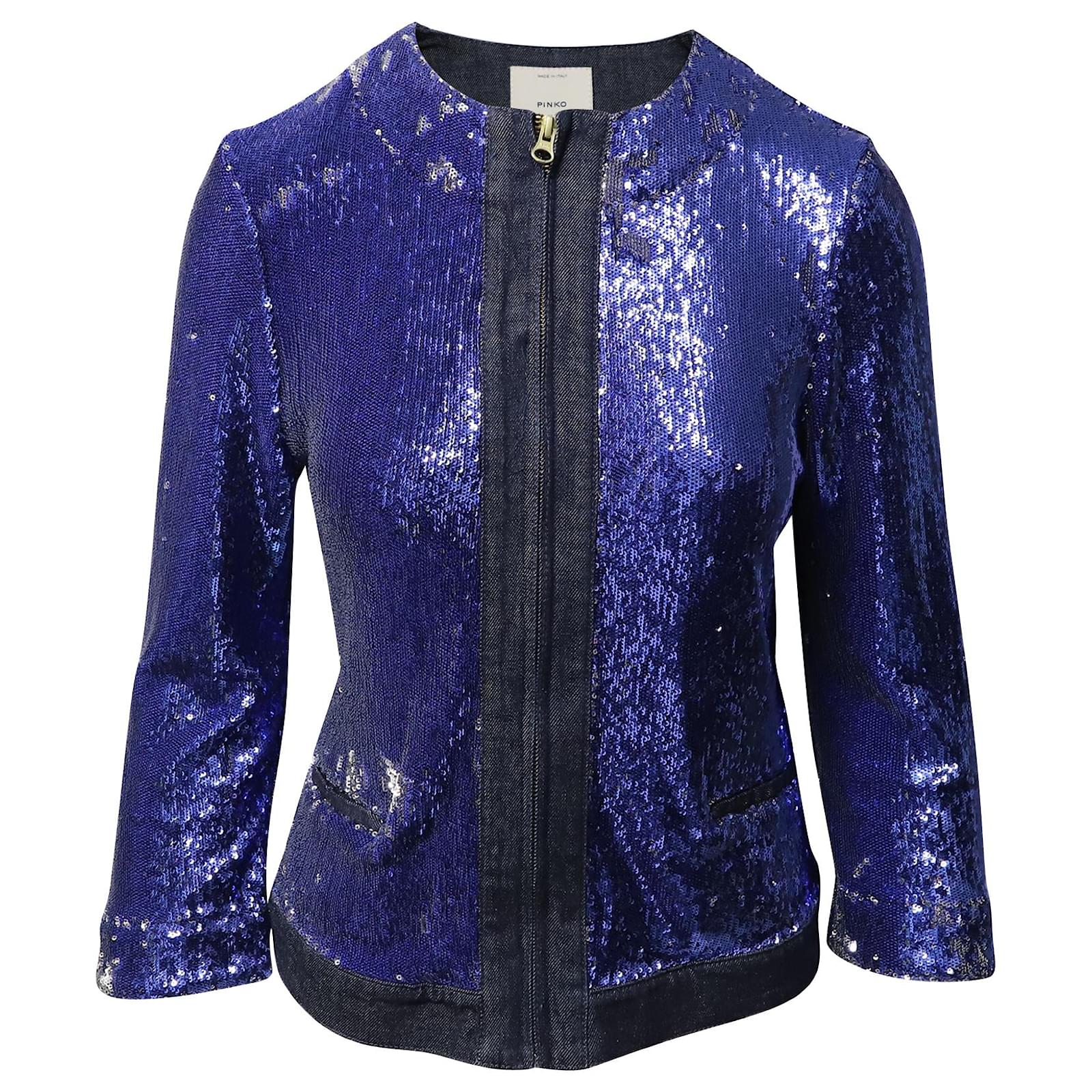 Pinko Tag Sequin Embellished Jacket Blue Denim Cotton ref.490487 - Joli