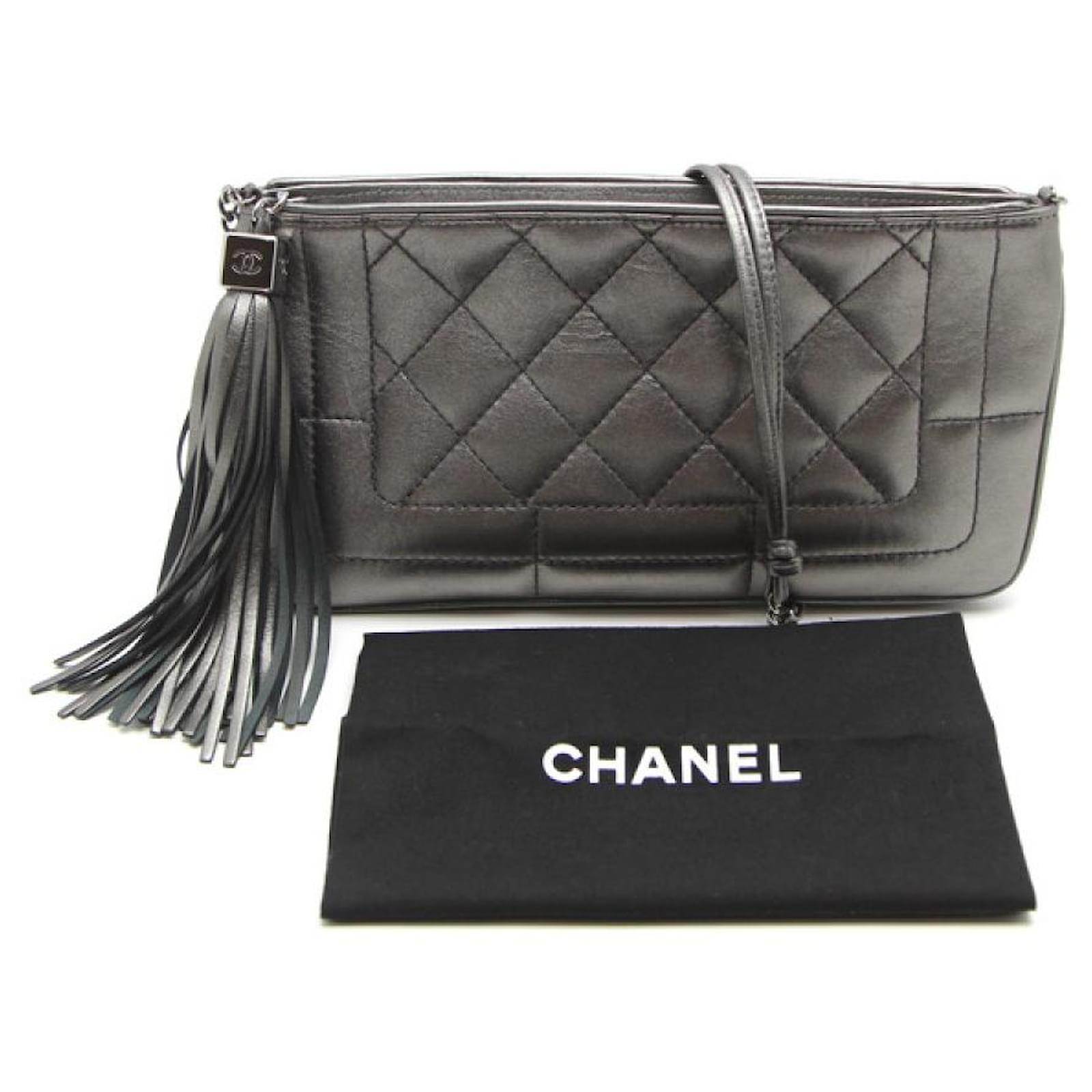 Used] Chanel Fringe Shoulder Leather / Metallic Gray / Silver Metal  Fittings Silvery Grey  - Joli Closet