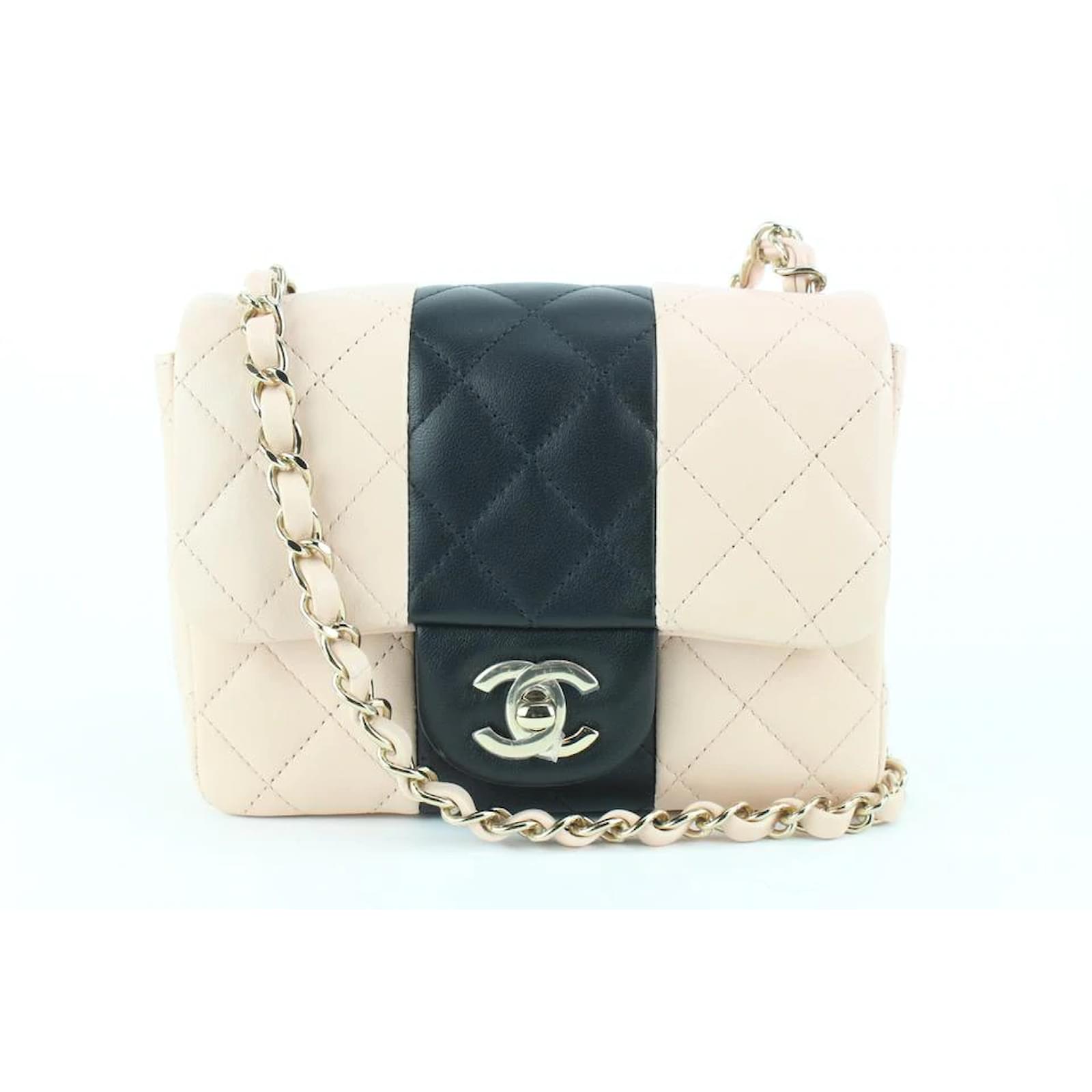Chanel 22C Light Beige Black Lambskin Mini Square Classic Flap Leather  ref.491458 - Joli Closet