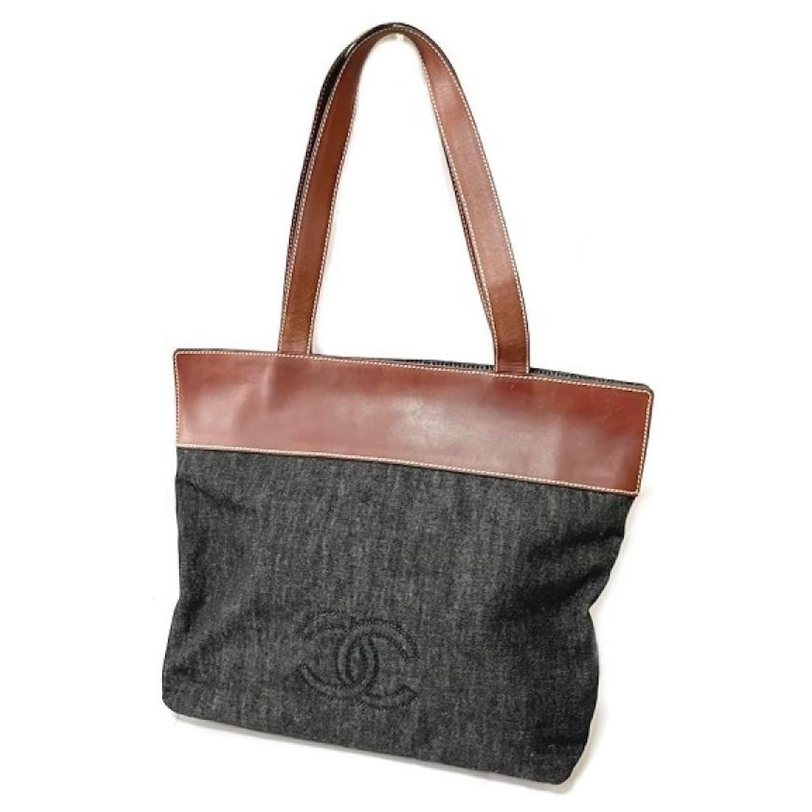 Used] Chanel Coco Mark Denim Leather Shoulder Tote Bag Blue Brown