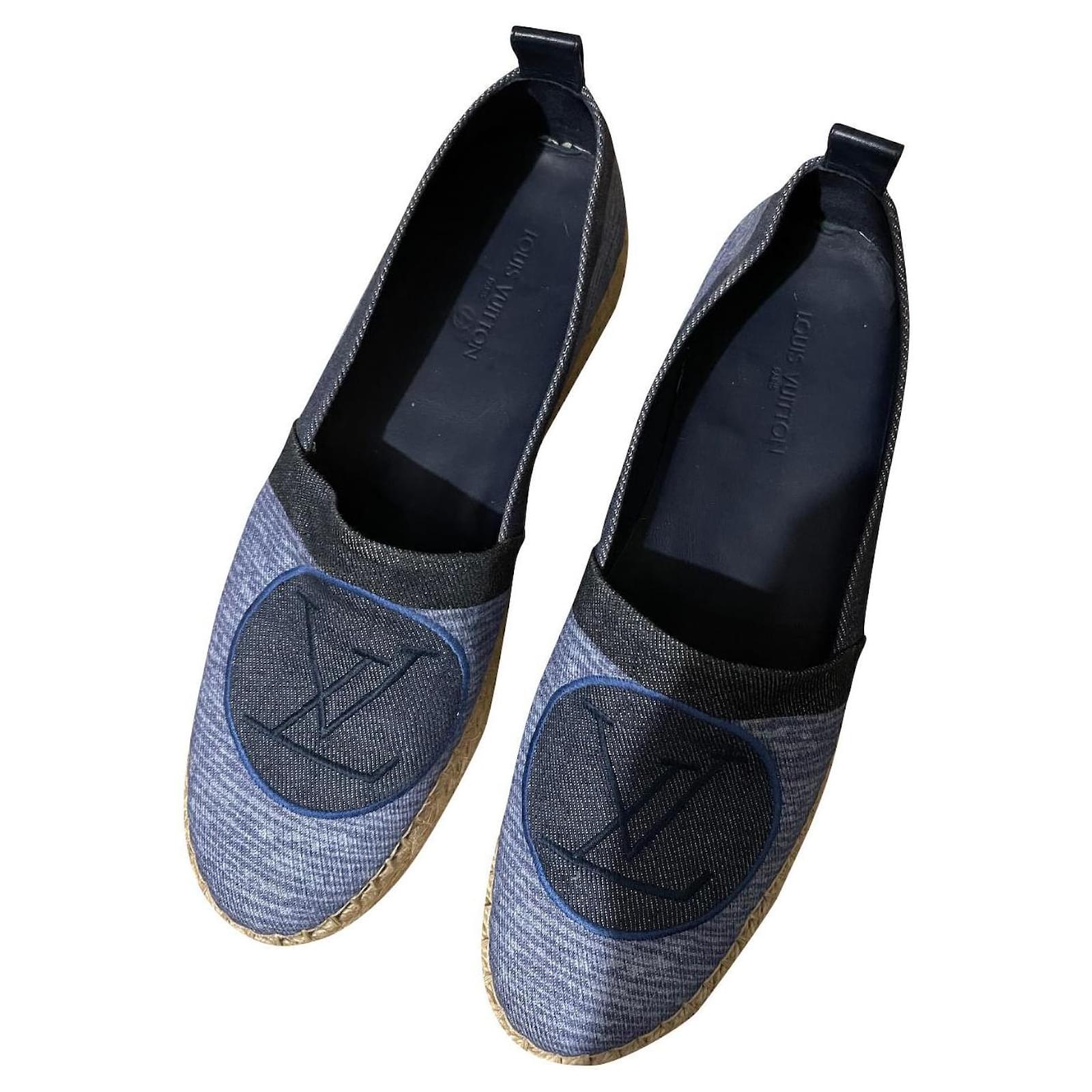 Louis Vuitton Blue/Beige Monogram Denim Espadrille Wedge Mules