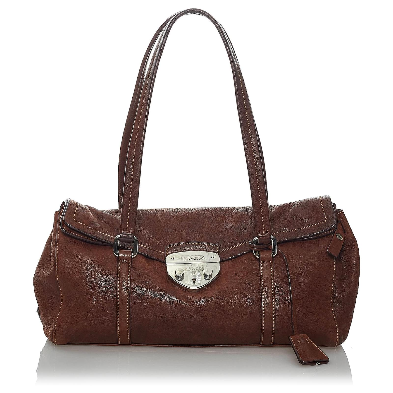 Prada Brown Sound Lock Leather Shoulder Bag Pony-style