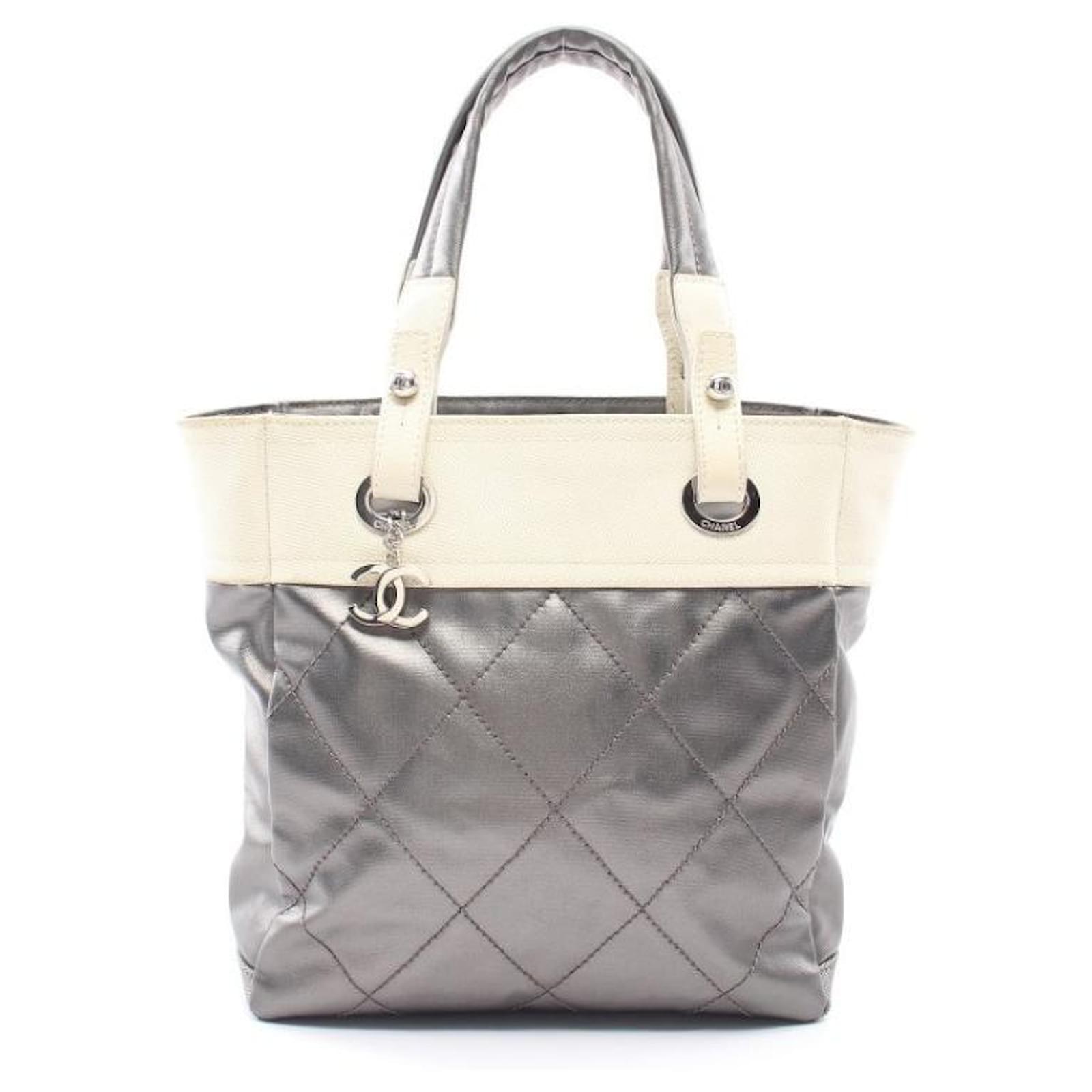 Used] Chanel CHANEL Paris Biarritz PM handbag tote bag coated canvas leather  gray ivory silver metal fittings Grey ref.493497 - Joli Closet