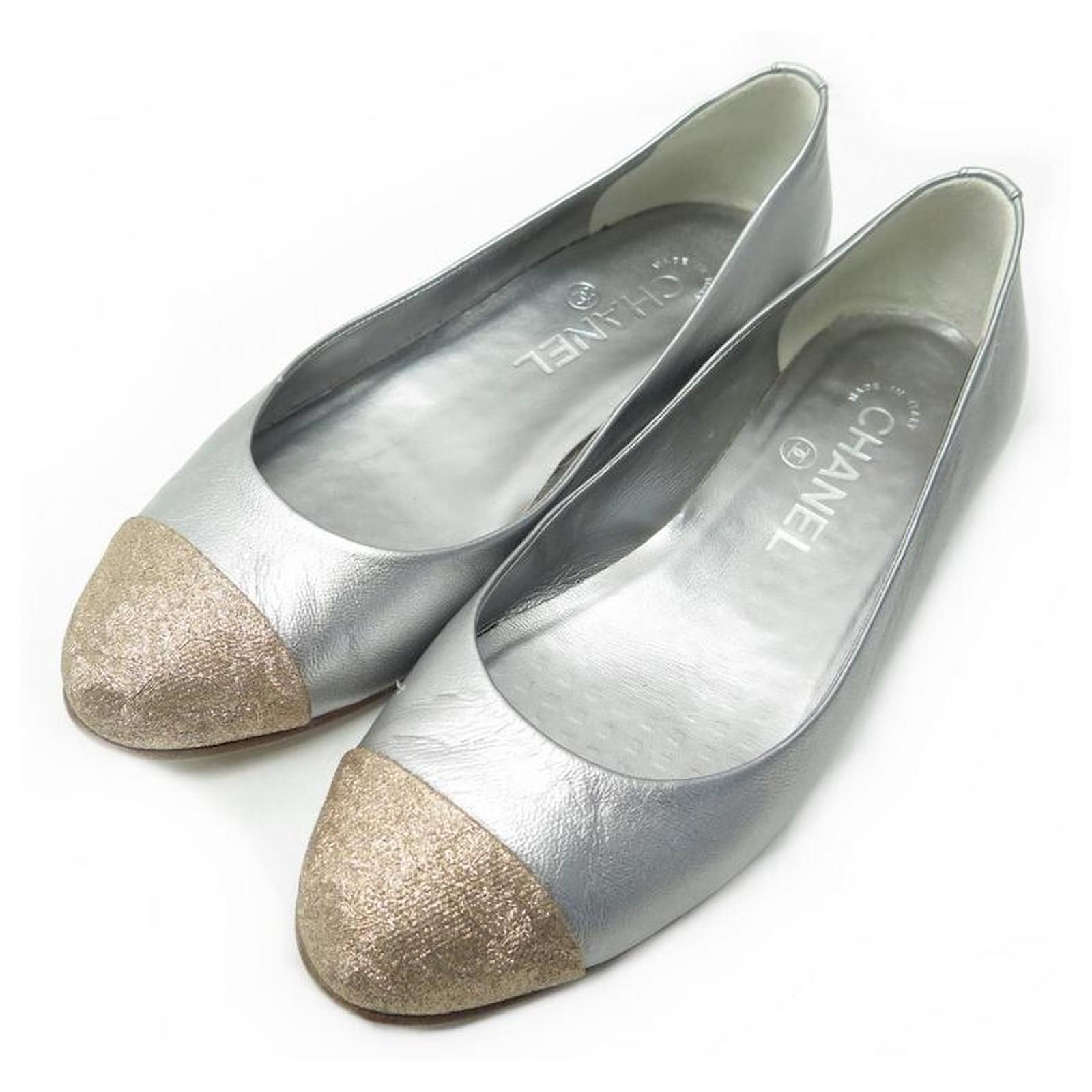 CHANEL SHOES BALLERINAS G23536 36.5 TWO-TONE LEATHER SILVER & GOLD