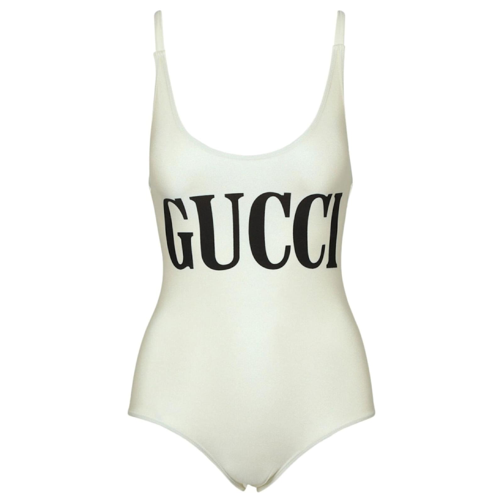 Gucci Logo Print Swimsuit White  - Joli Closet