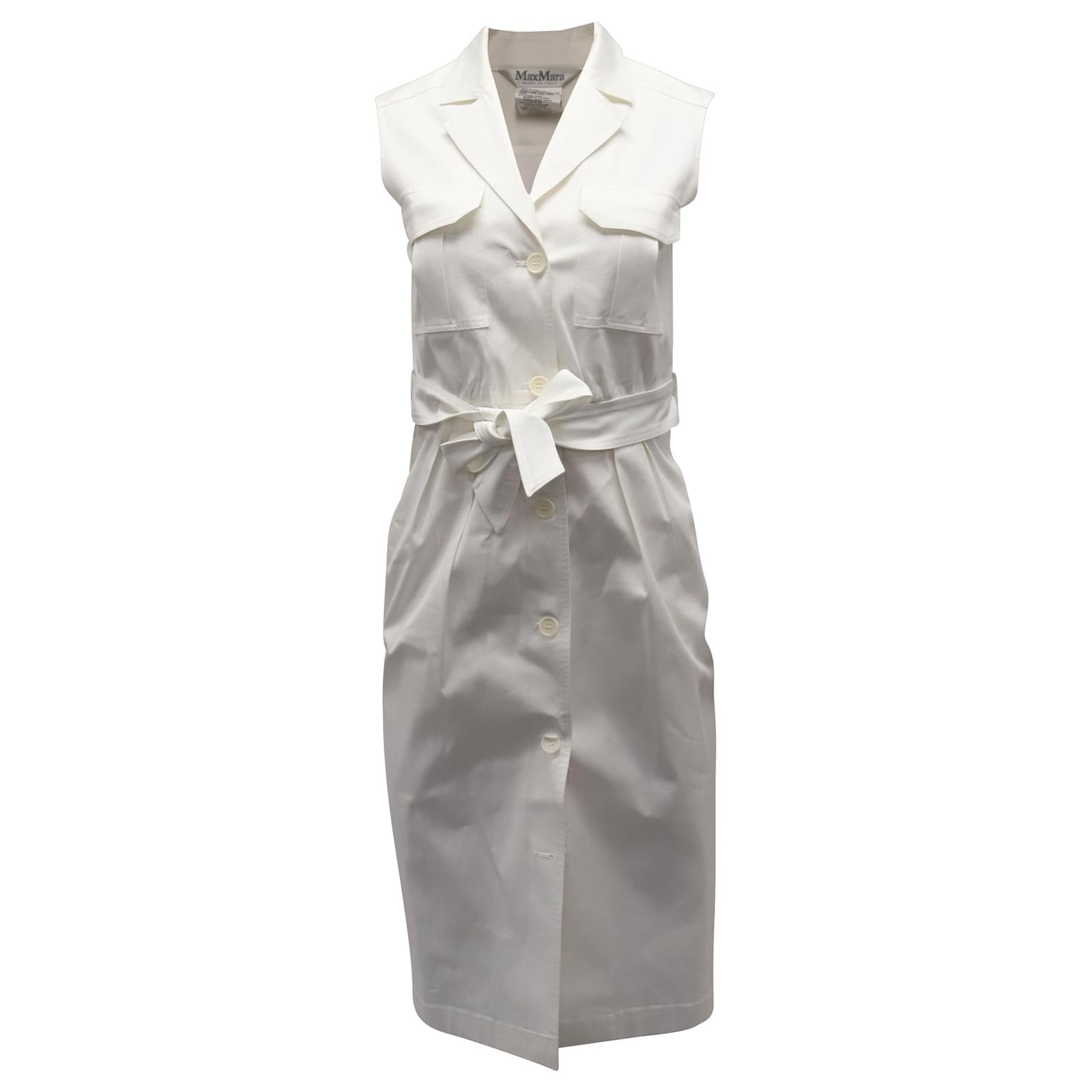 Max Mara Elica Belted Dress in White Cotton Poplin
