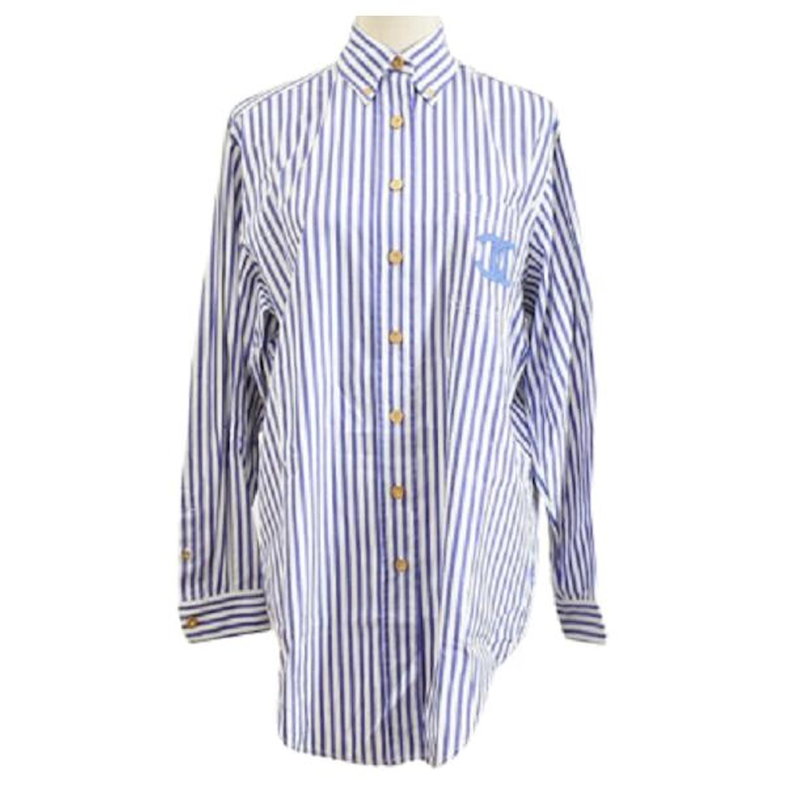 Used] Chanel Striped Shirt Pocket Coco Mark White x Blue Gold Button  CHANELO Logo Button (36) Women's Shirt Cotton ref.499863 - Joli Closet
