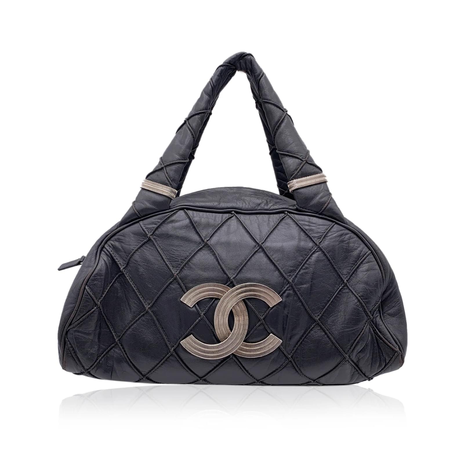 Chanel Dark Grey Quilted Leather CC Logo Bowling Bowler Bag ref