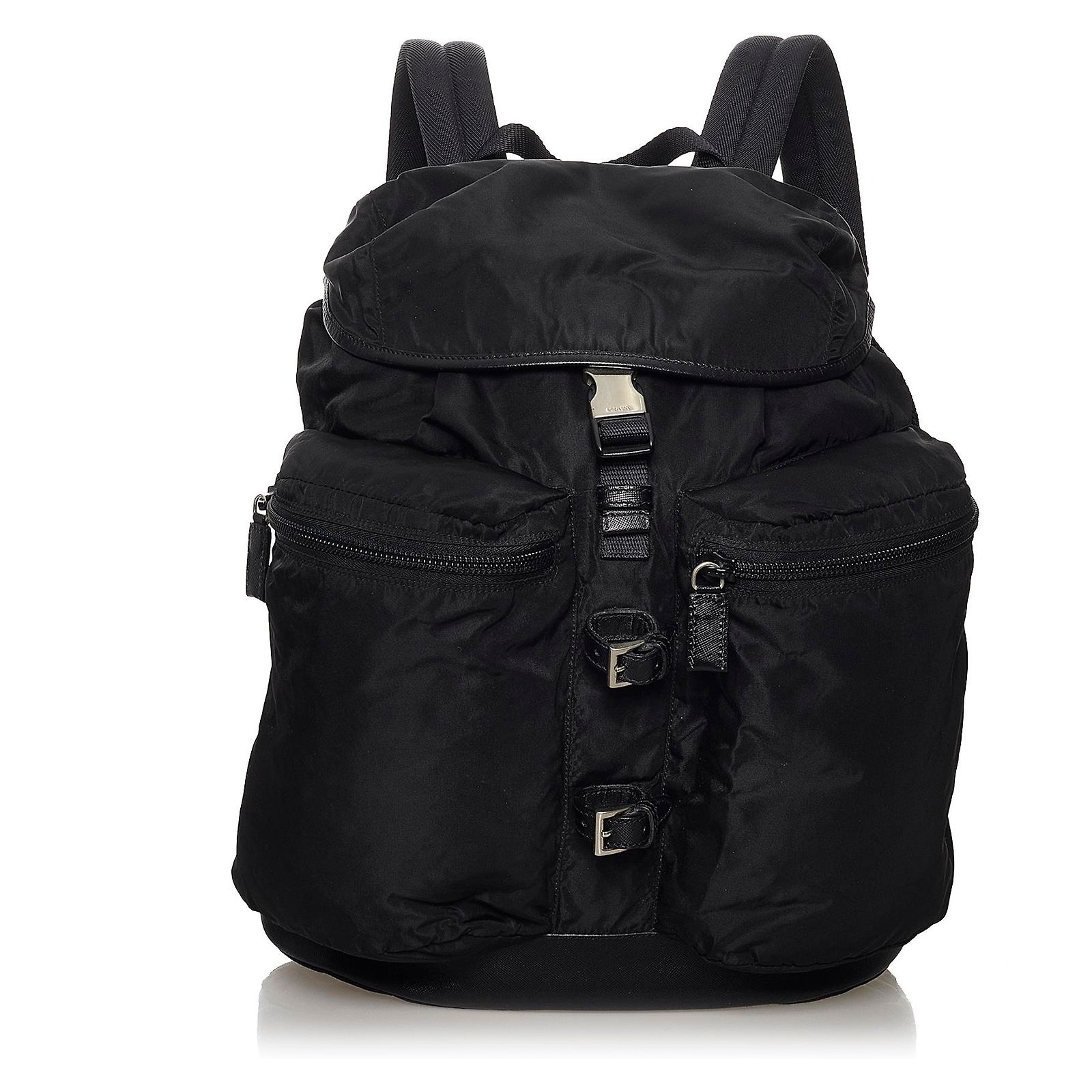 Prada Front Pocket Drawstring Backpack in Black Tessuto with Leather Trim Explore a Prada Black Nylon Double Front Pocket Drawstring  main image 4