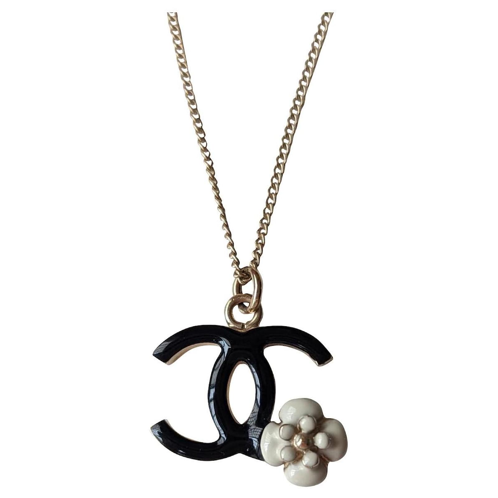 Chanel CC 08A GHW Logo Camellia Enamel Black Necklace with box Golden Metal   - Joli Closet