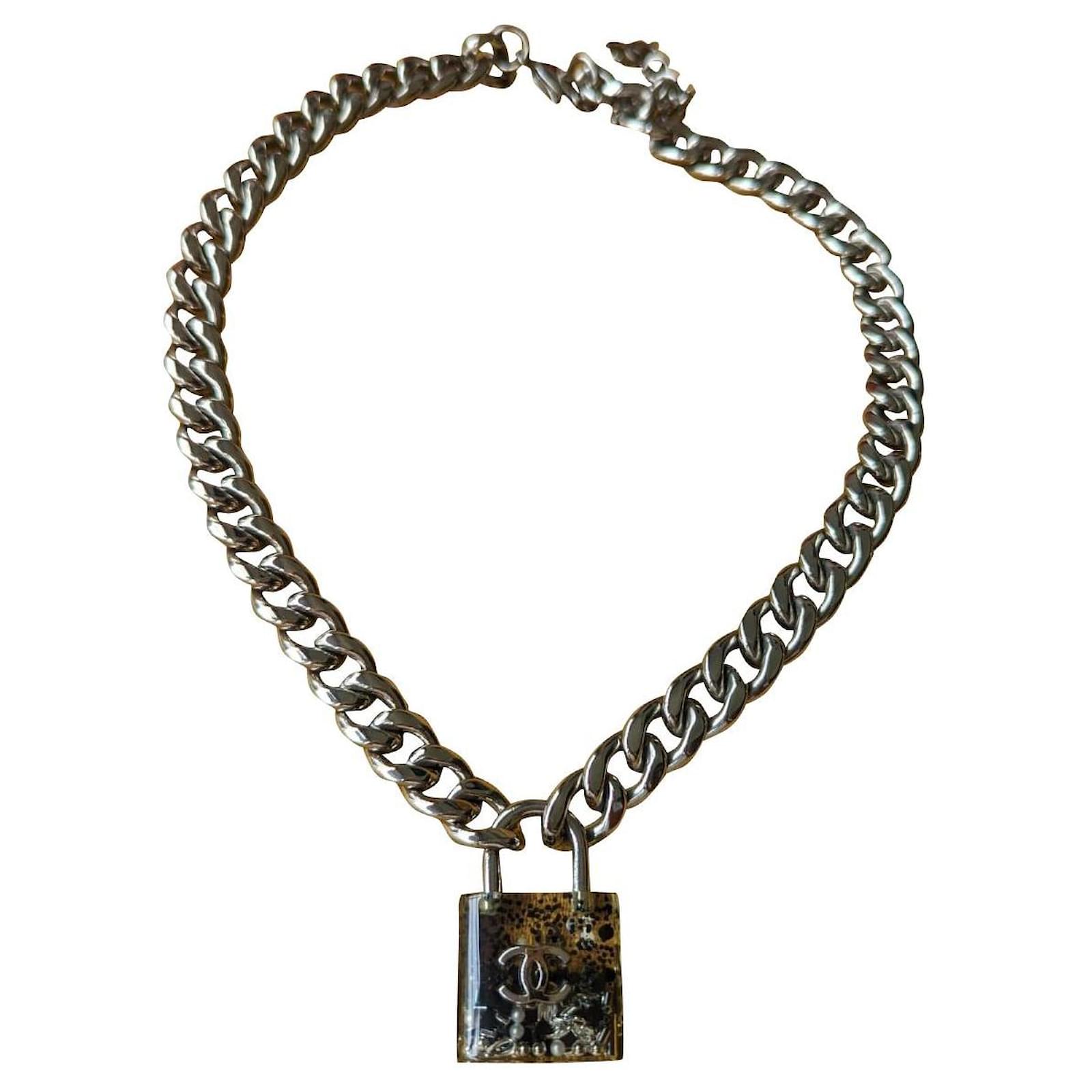 Chanel CC 14K Logo Padlock Resin Chain Chunky Necklace RARE